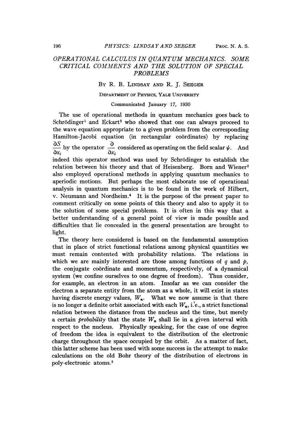 Operational Calculus in Quantum Mechanics. Some Critical Comments and the Solution of Special Problems by Lindsay R. B. Seeger R. J