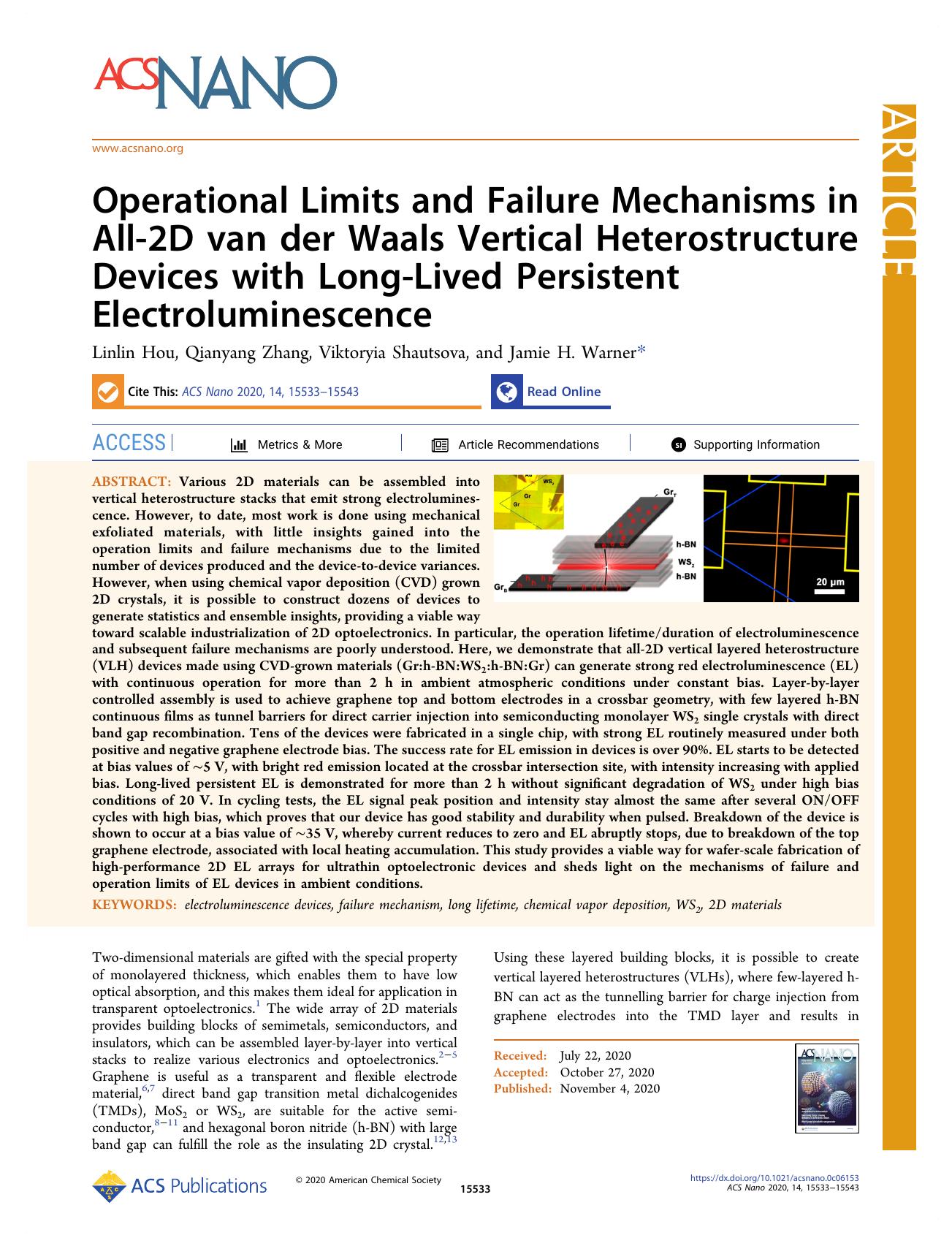 Operational Limits and Failure Mechanisms in All-2D van der Waals Vertical Heterostructure Devices with Long-Lived Persistent Electroluminescence by Linlin Hou Qianyang Zhang Viktoryia Shautsova and Jamie H. Warner