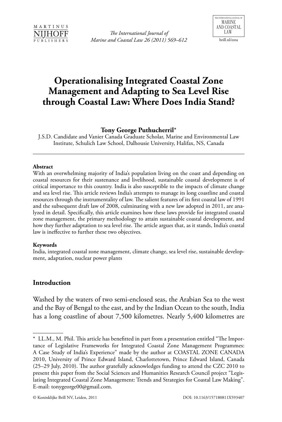 Operationalising Integrated Coastal Zone Management and Adapting to Sea Level Rise through Coastal Law: Where Does India Stand? by Puthucherril Tony George