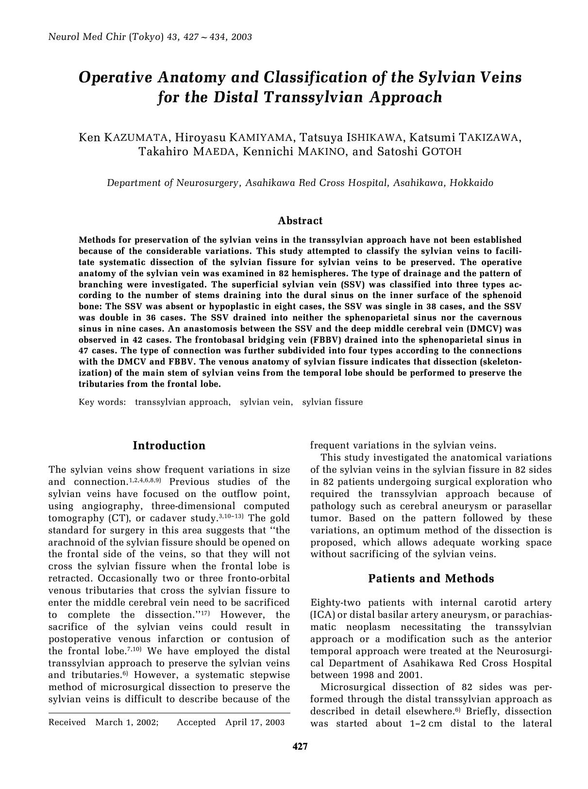 Operative Anatomy and Classification of the Sylvian Veins for the Distal Transsylvian Approach by Ken KAZUMATA Hiroyasu KAMIYAMA