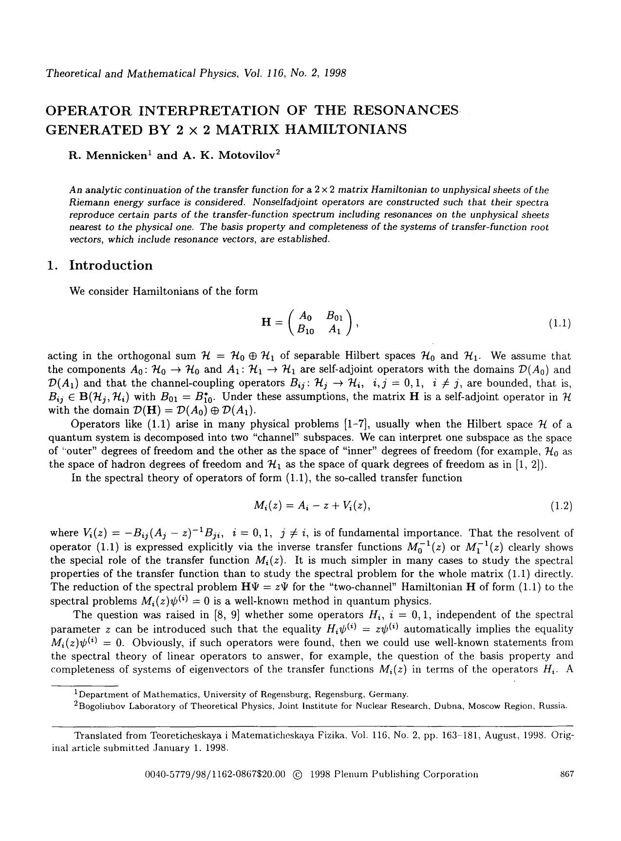 Operator interpretation of the resonances generated by 2&#x00D7;2 matrix Hamiltonians by Unknown