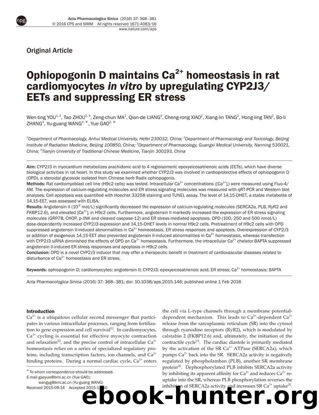 Ophiopogonin D maintains Ca2+ homeostasis in rat cardiomyocytes in vitro by upregulating CYP2J3EETs and suppressing ER stress by unknow