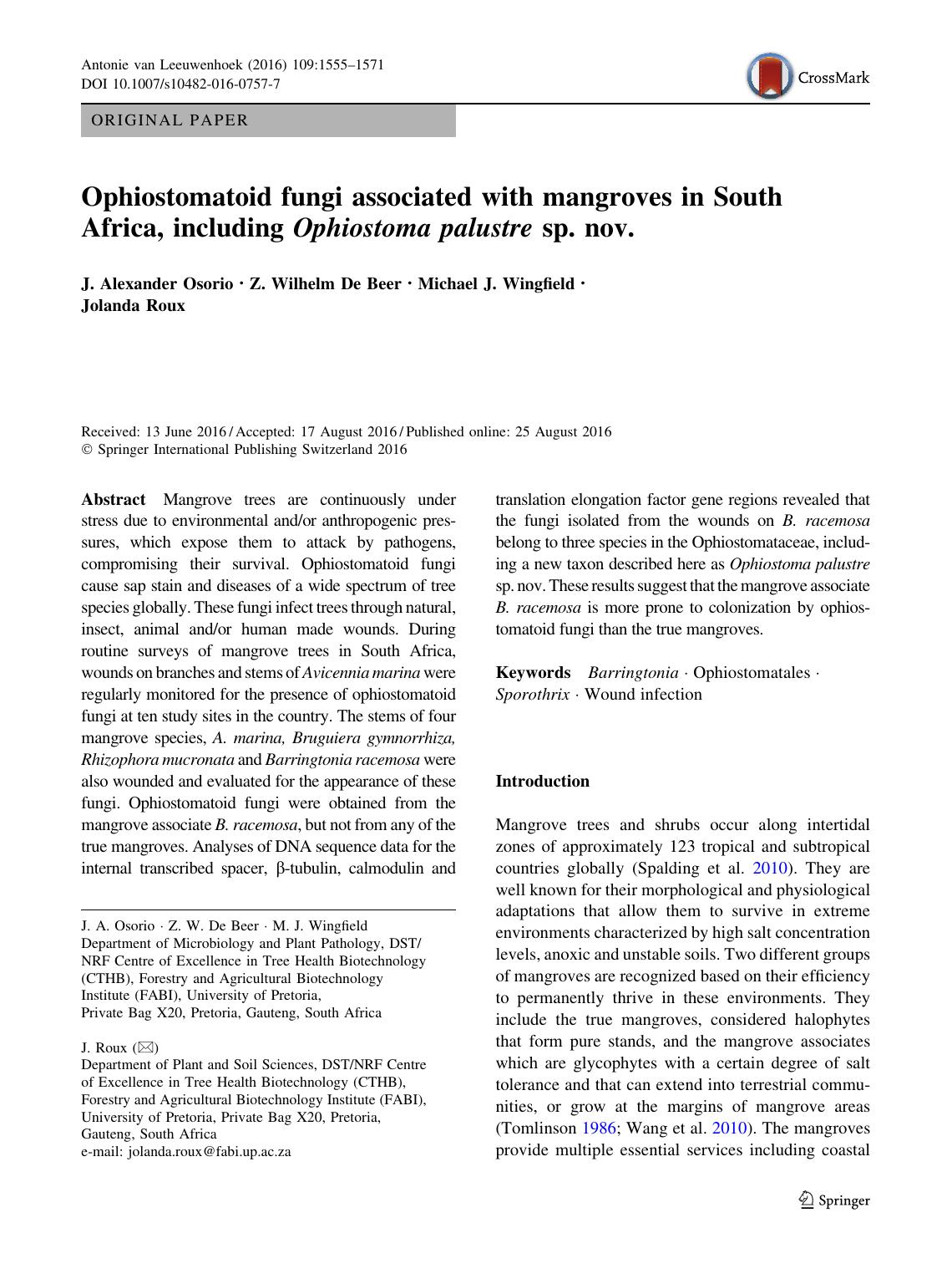 Ophiostomatoid fungi associated with mangroves in South Africa, including Ophiostoma palustre sp. nov. by J. Alexander Osorio & Z. Wilhelm Beer & Michael J. Wingfield & Jolanda Roux