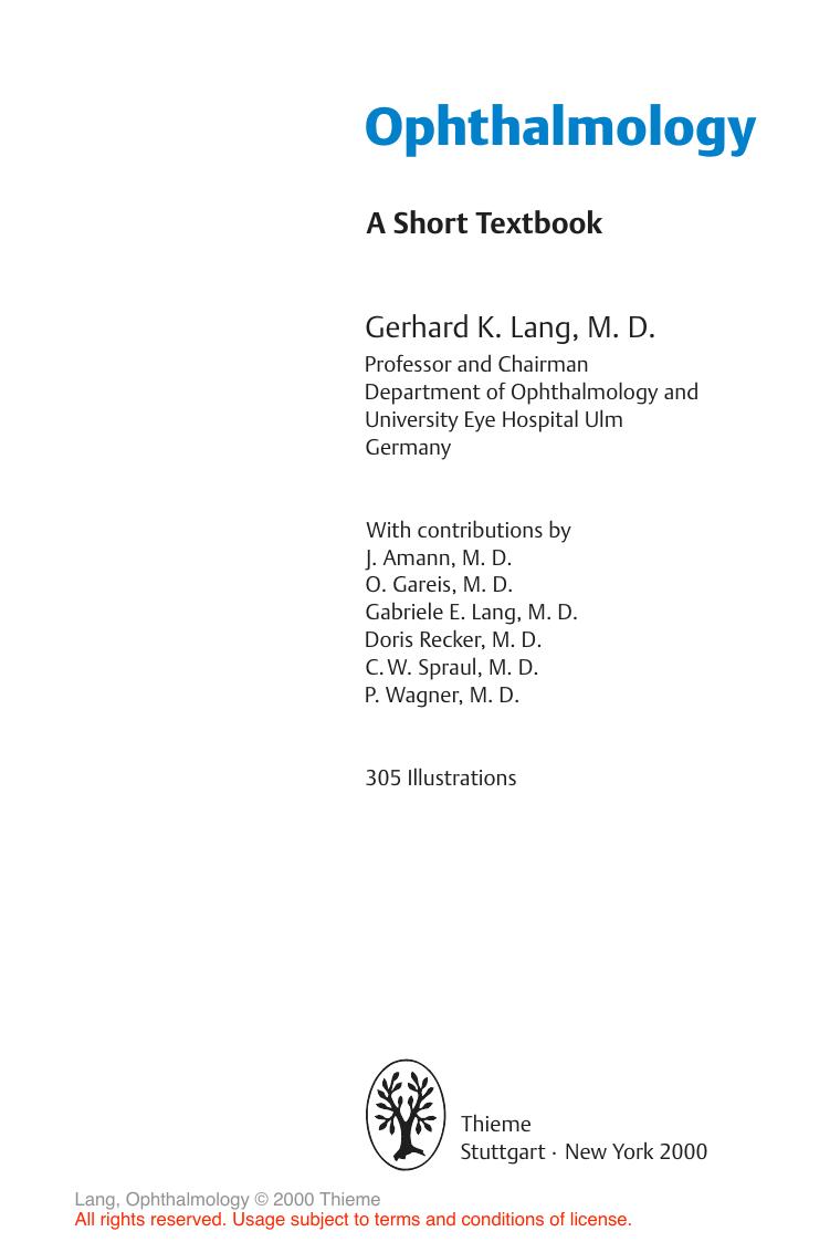 Ophthalmology. A Pocket Textbook Atlas by Gerhard K. M.D. Lang J. Amann Gerhard K. Lang