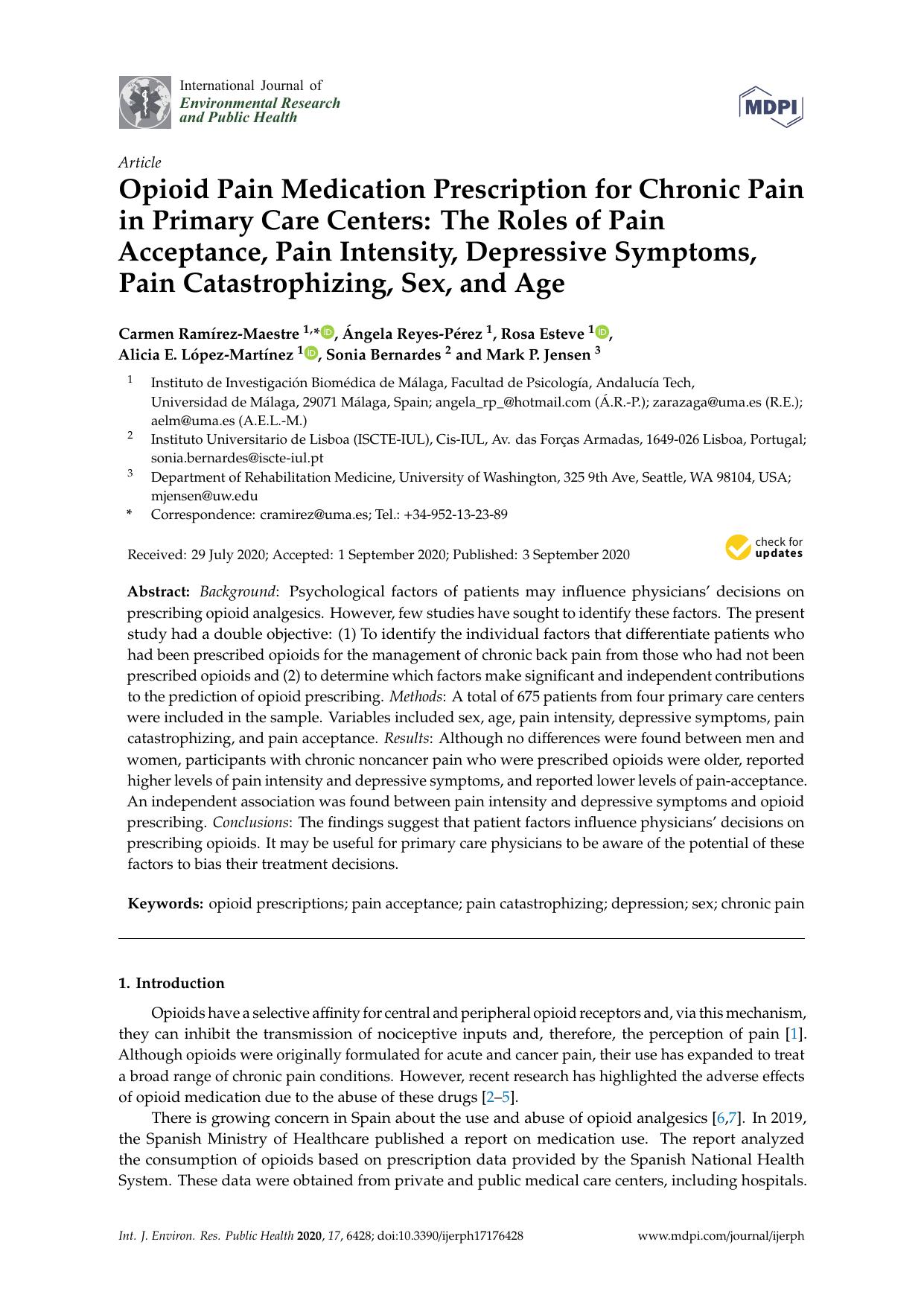 Opioid Pain Medication Prescription for Chronic Pain in Primary Care Centers: The Roles of Pain Acceptance, Pain Intensity, Depressive Symptoms, Pain Catastrophizing, Sex, and Age by unknow