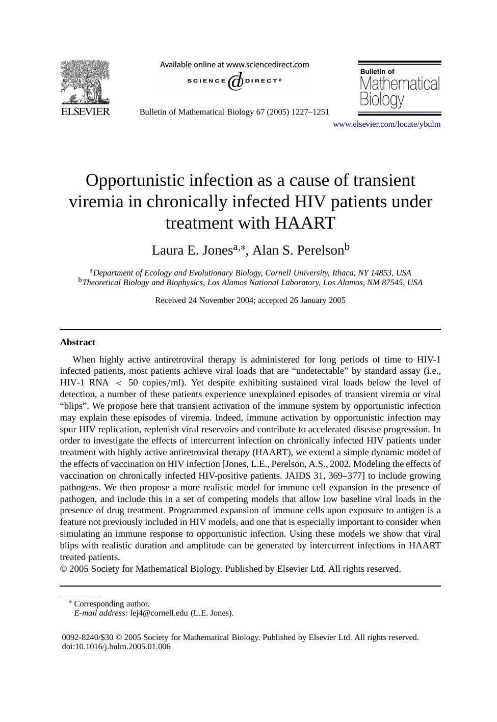 Opportunistic infection as a cause of transient viremia in chronically infected HIV patients under treatment with HAART by Unknown