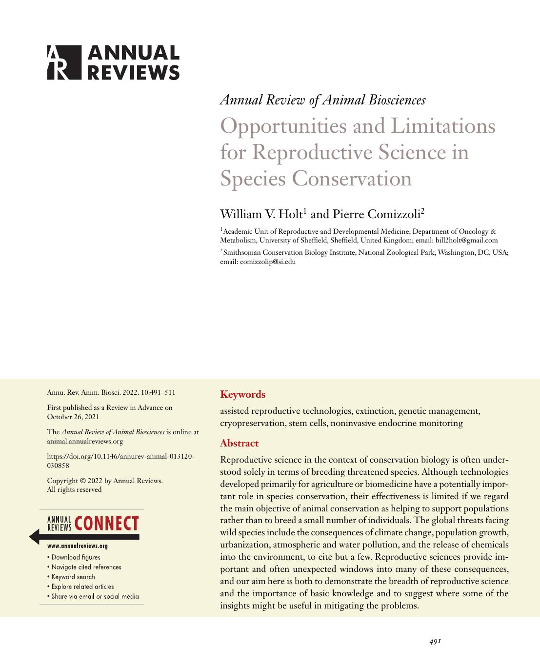 Opportunities and Limitations for Reproductive Science in Species Conservation by William V. Holt and Pierre Comizzoli