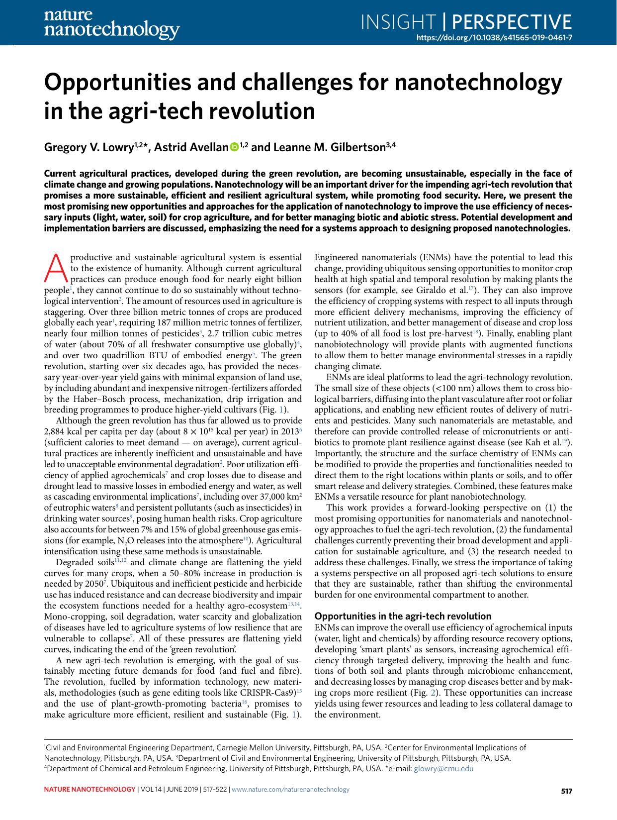 Opportunities and challenges for nanotechnology in the agri-tech revolution by Gregory V. Lowry & Astrid Avellan & Leanne M. Gilbertson