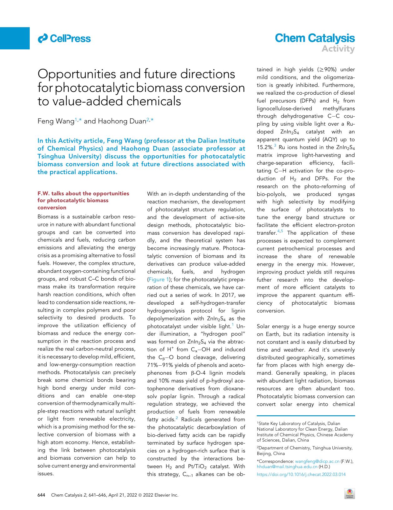 Opportunities and future directions for photocatalytic biomass conversion to value-added chemicals by Feng Wang & Haohong Duan