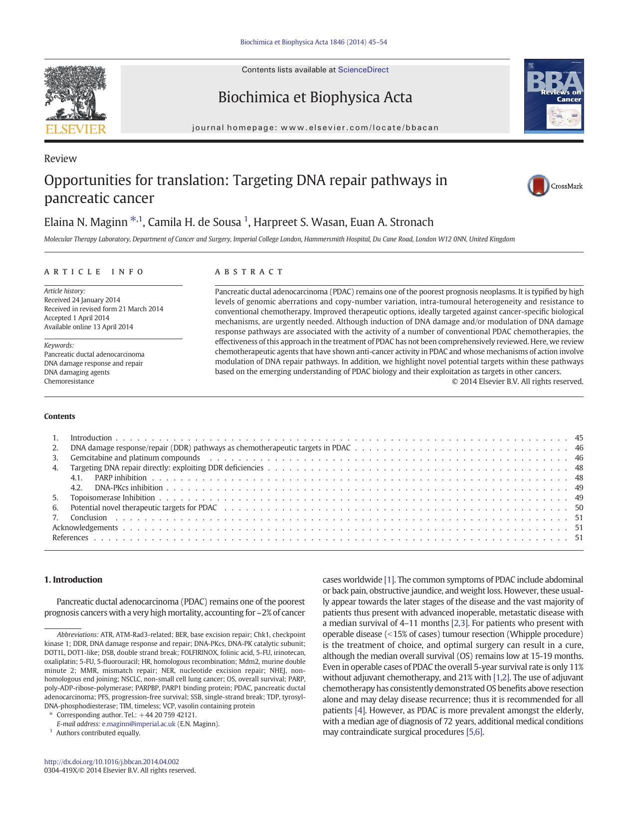 Opportunities for translation: Targeting DNA repair pathways in pancreatic cancer by Elaina N. Maginn & Camila H. de Sousa & Harpreet S. Wasan & Euan A. Stronach