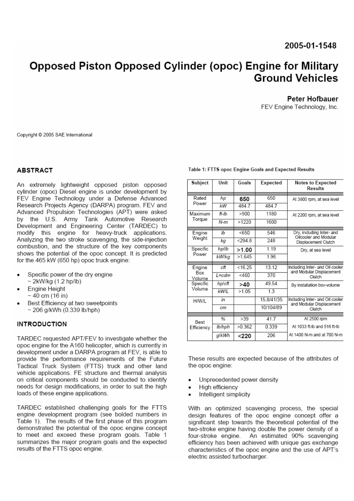 Opposed Piston Opposed Cylinder (opoc) Engine for Military Ground Vehicles by Peter Hofbauer