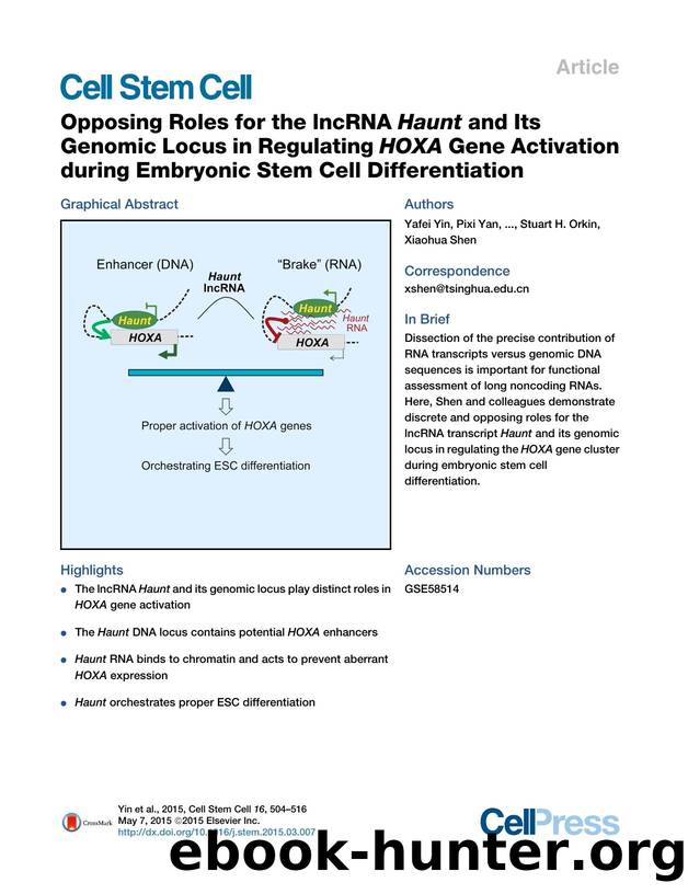 Opposing Roles for the lncRNA Haunt and Its Genomic Locus in Regulating HOXA Gene Activation during Embryonic Stem Cell Differentiation by unknow