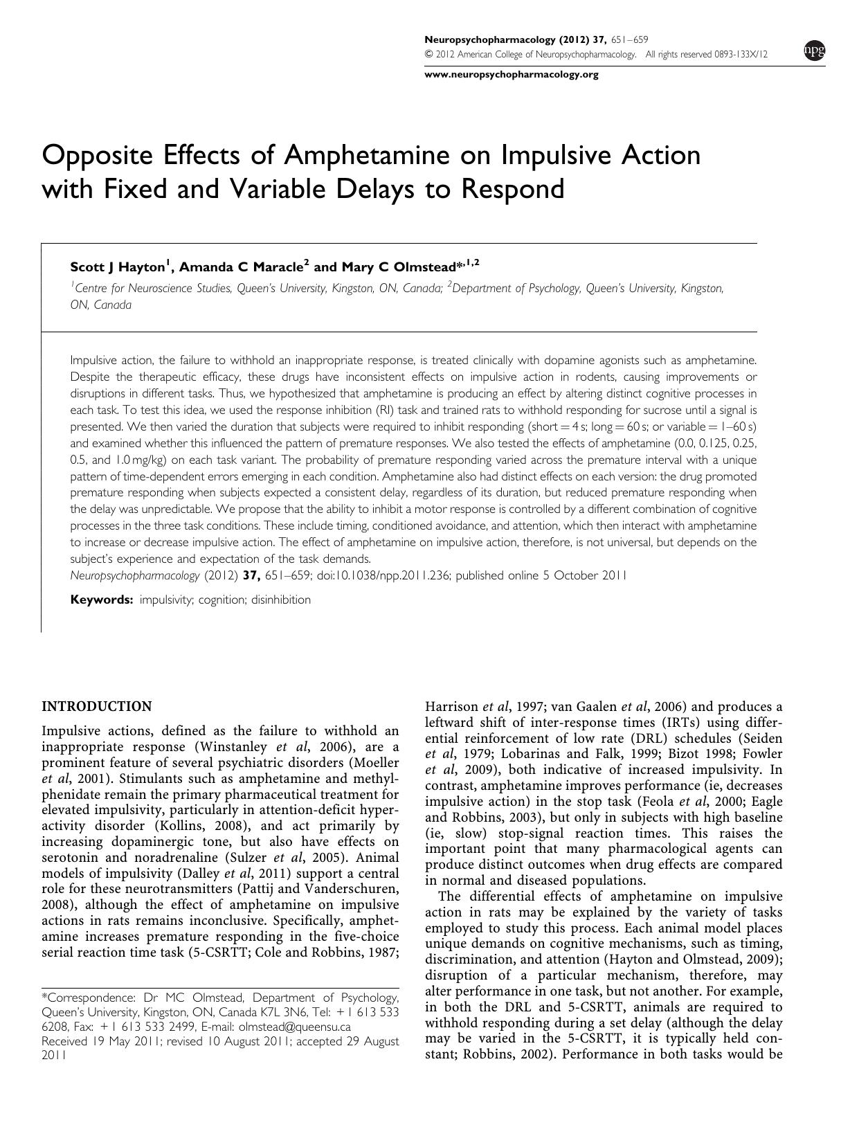Opposite Effects of Amphetamine on Impulsive Action with Fixed and Variable Delays to Respond by Scott J Hayton & Amanda C Maracle & Mary C Olmstead