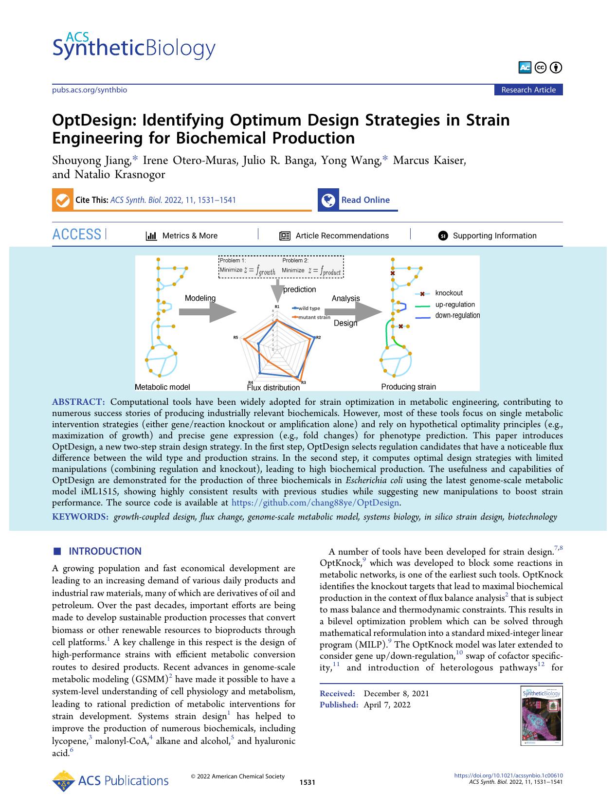 OptDesign: Identifying Optimum Design Strategies in Strain Engineering for Biochemical Production by Shouyong Jiang Irene Otero-Muras Julio R. Banga Yong Wang Marcus Kaiser and Natalio Krasnogor