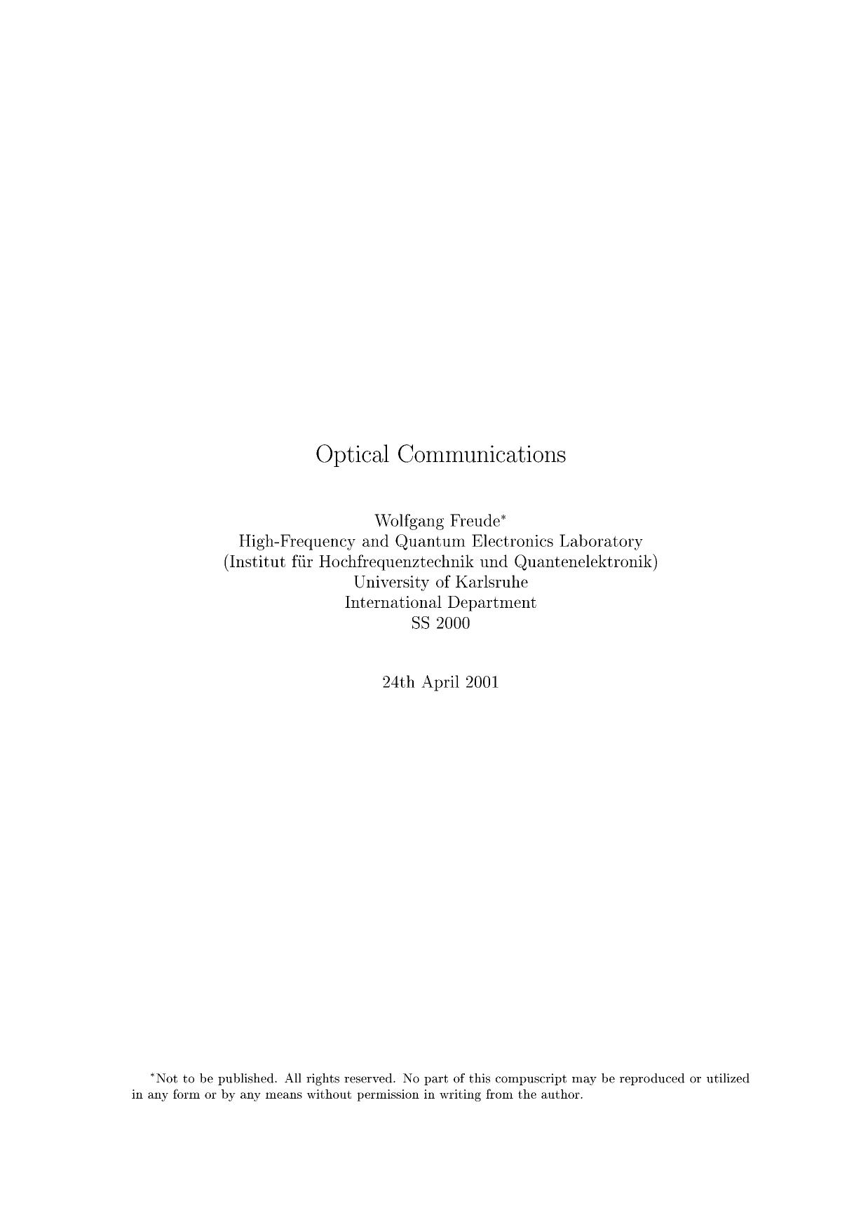 Optical Communications by Wolfgang Freude