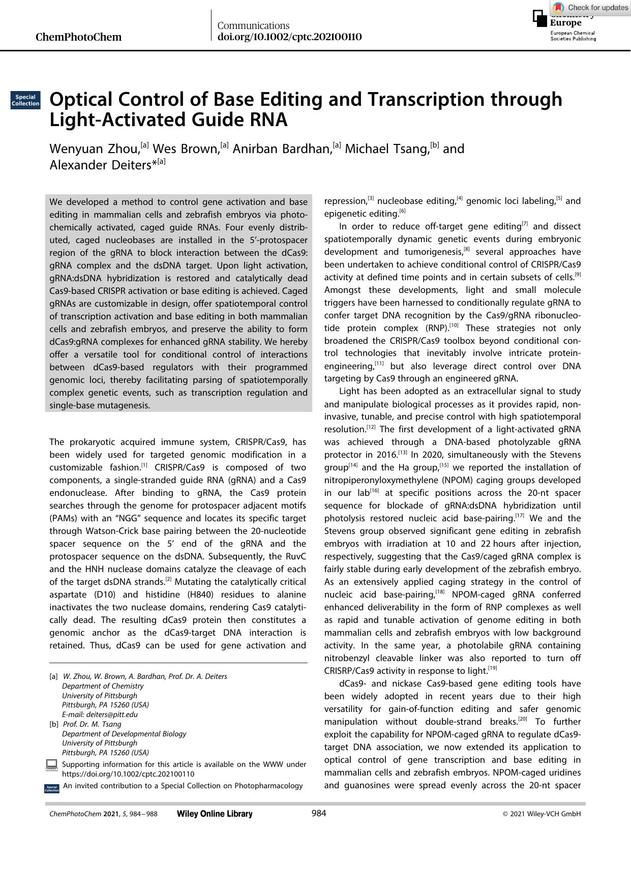 Optical Control of Base Editing and Transcription through LightâActivated Guide RNA by Unknown