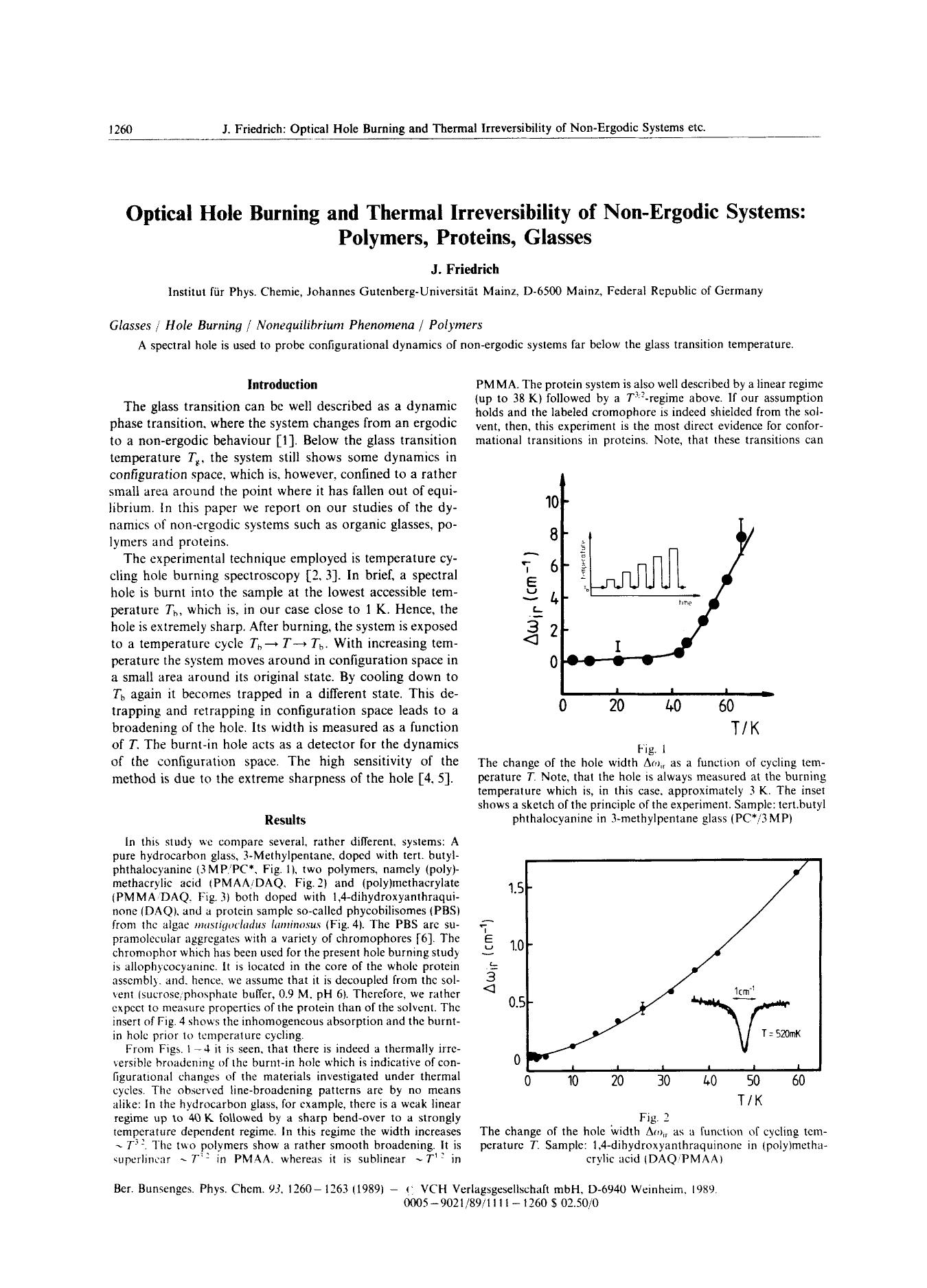 Optical Hole Burning and Thermal Irreversibility of Non-Ergodic Systems: Polymers, Proteins, Glasses by Unknown