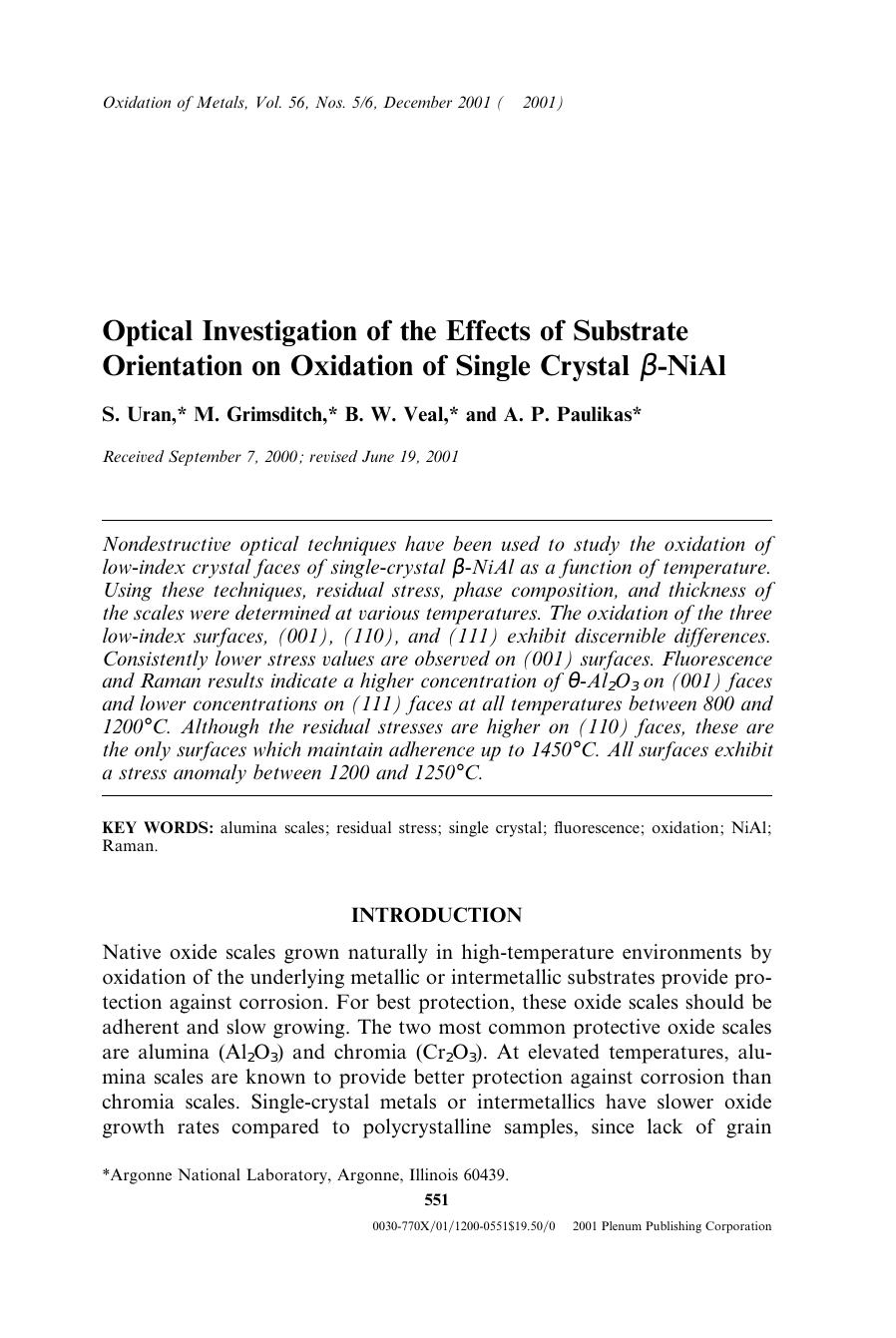Optical Investigation of the Effects of Substrate Orientation on Oxidation of Single Crystal β-NiAl by Unknown