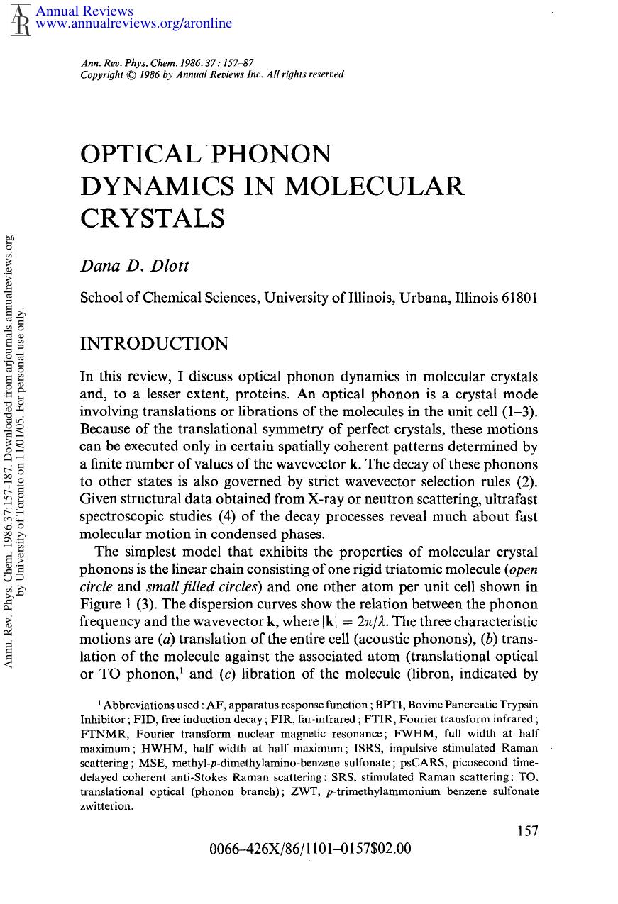 Optical Phonon Dynamics in Molecular Crystals by D D Dlott