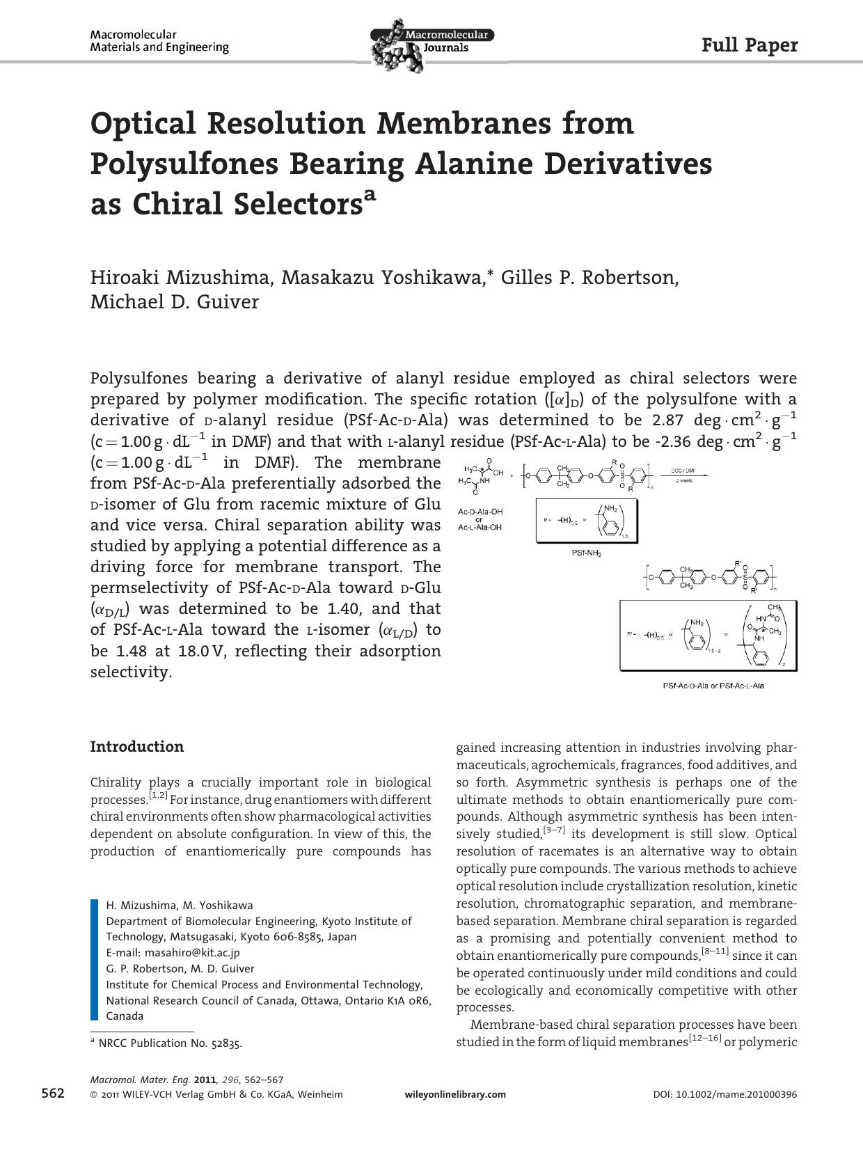 Optical Resolution Membranes from Polysulfones Bearing Alanine Derivatives as Chiral Selectors by Unknown