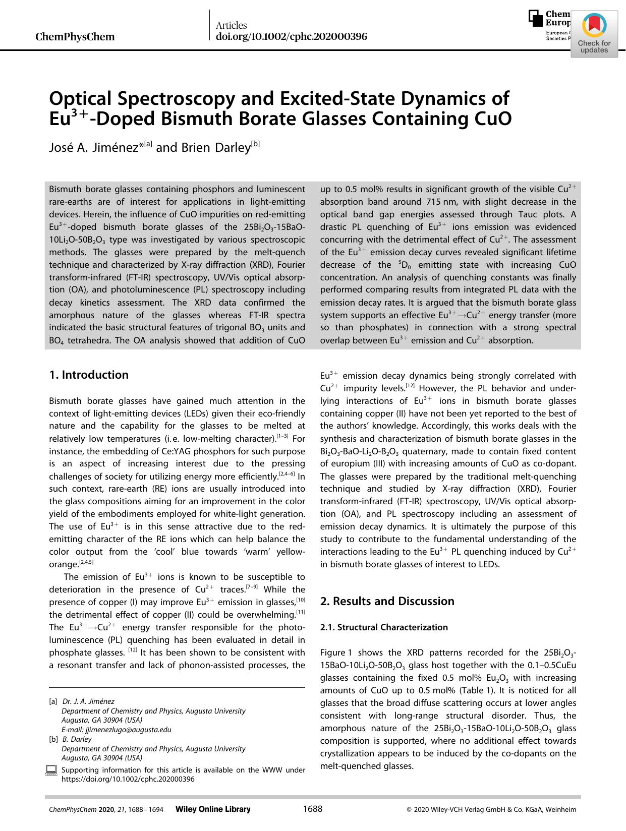 Optical Spectroscopy and ExcitedâState Dynamics of Eu3+âDoped Bismuth Borate Glasses Containing CuO by Unknown