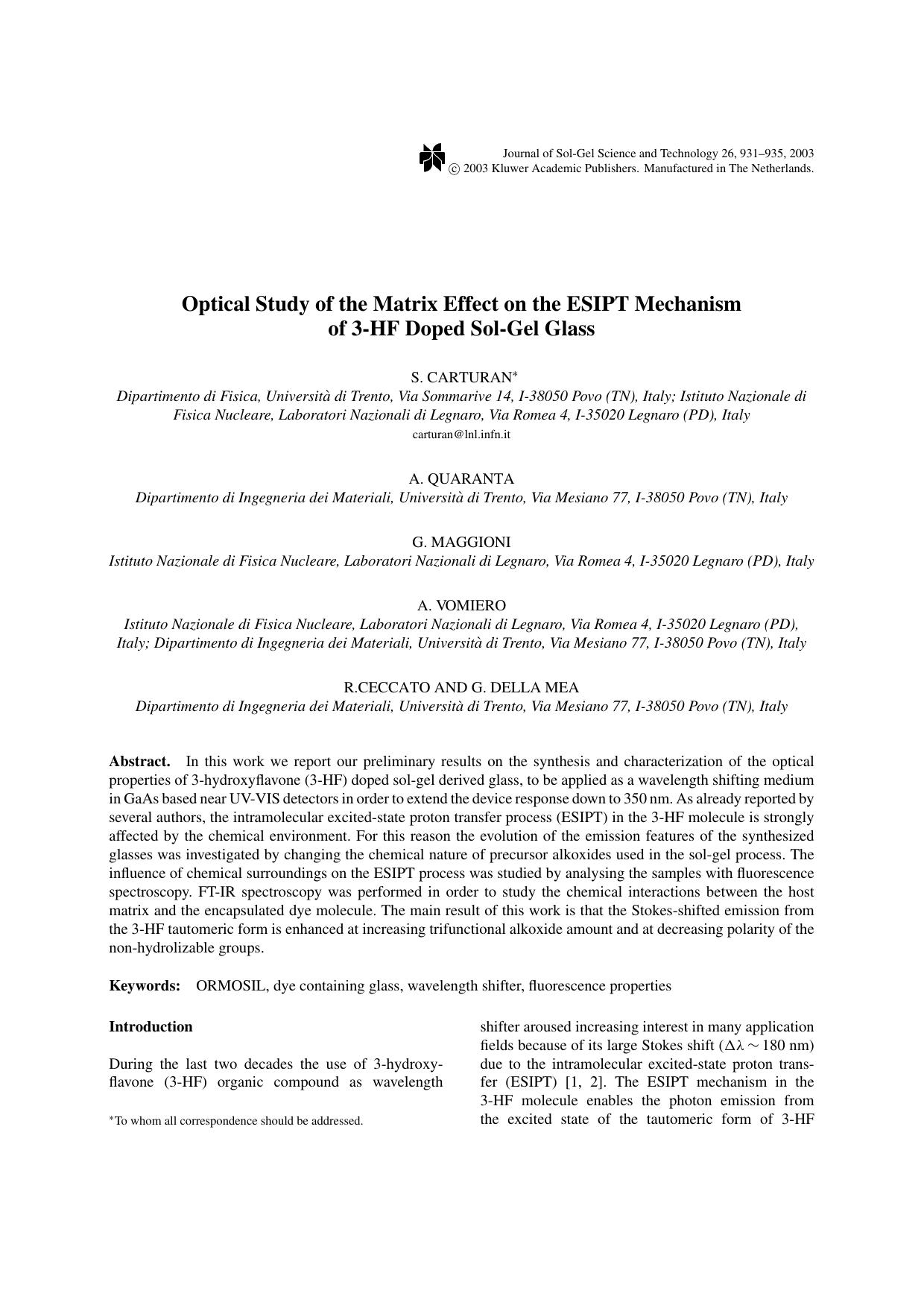 Optical Study of The Matrix Effect on the ESIPT Mechanism of 3-HF Doped Sol-Gel Glass by Unknown