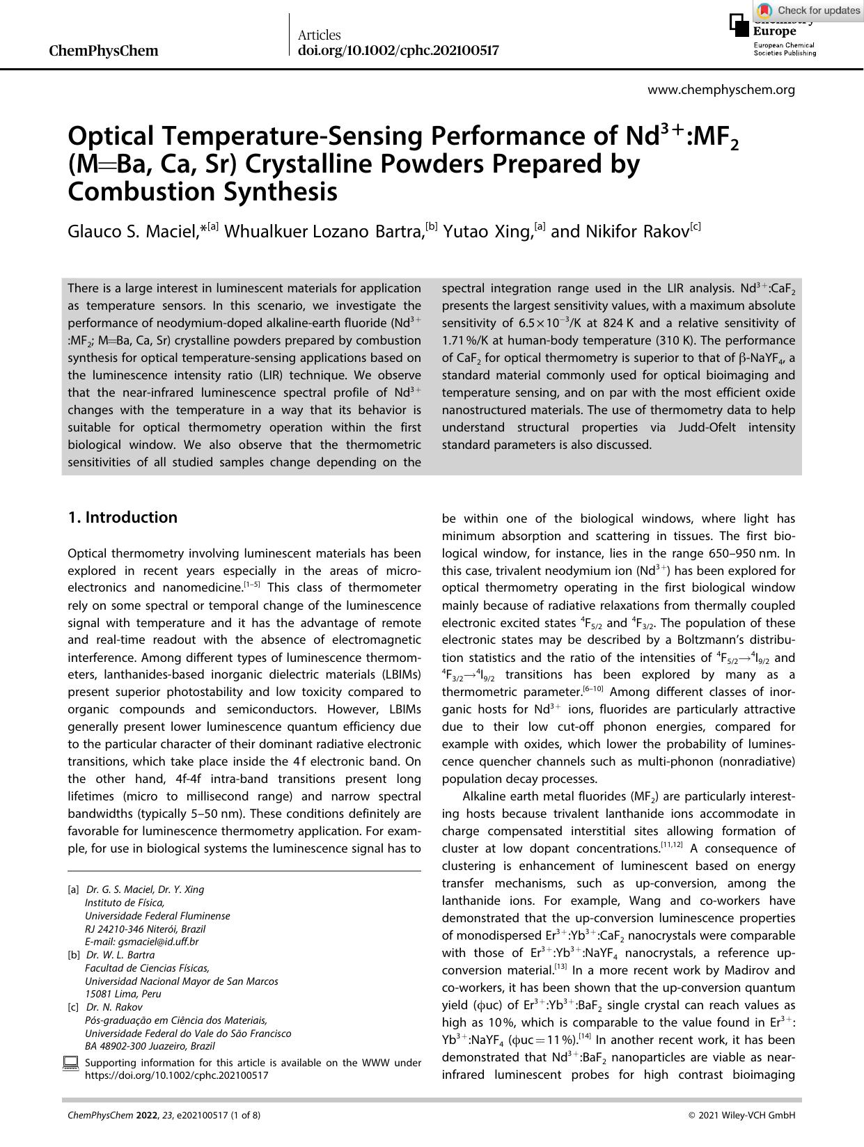 Optical TemperatureâSensing Performance of Nd3+:MF2 (M=Ba, Ca, Sr) Crystalline Powders Prepared by Combustion Synthesis by Unknown