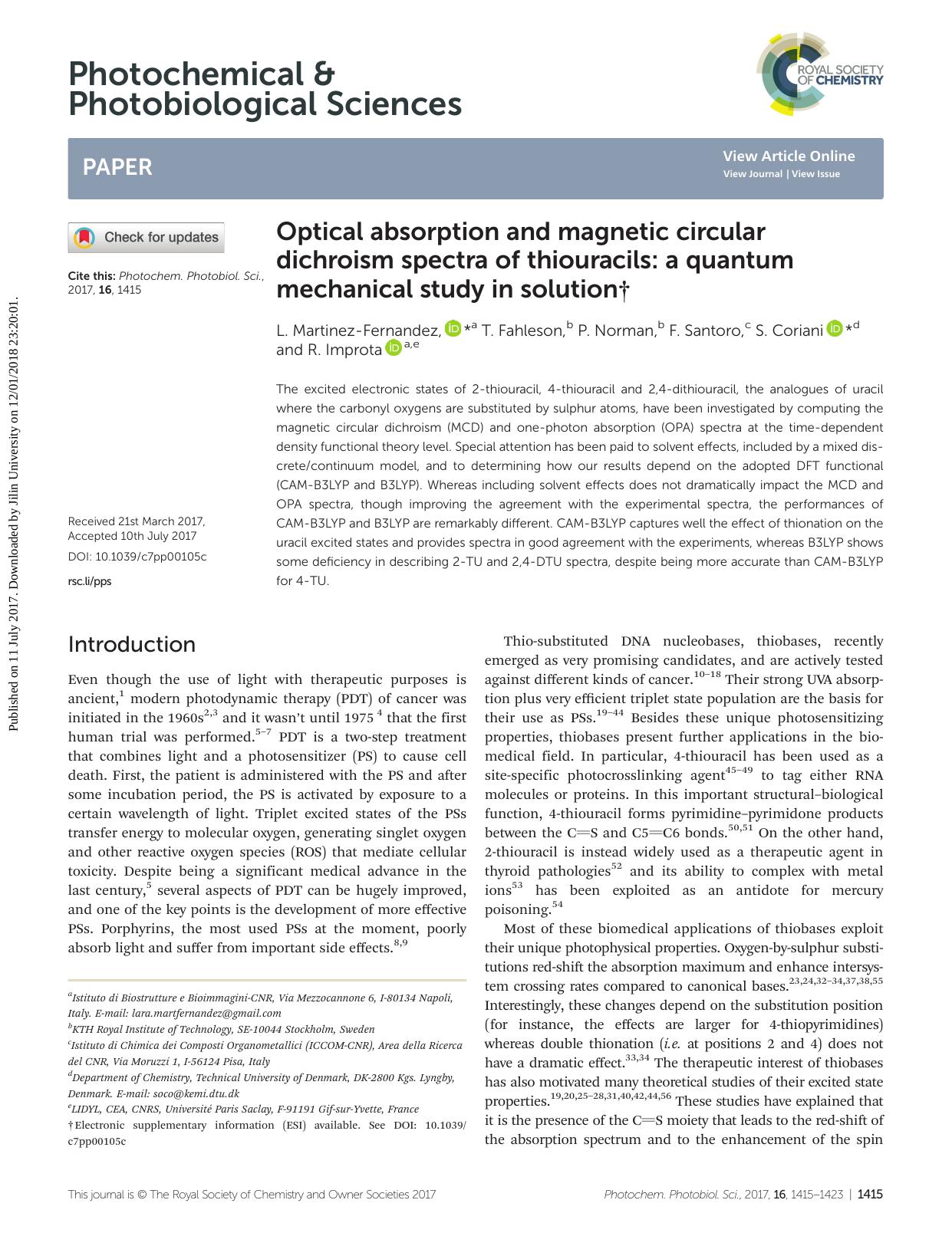 Optical absorption and magnetic circular dichroism spectra of thiouracils: a quantum mechanical study in solution by L. Martinez-Fernandez T. Fahleson P. Norman F. Santoro S. Coriani R. Improta