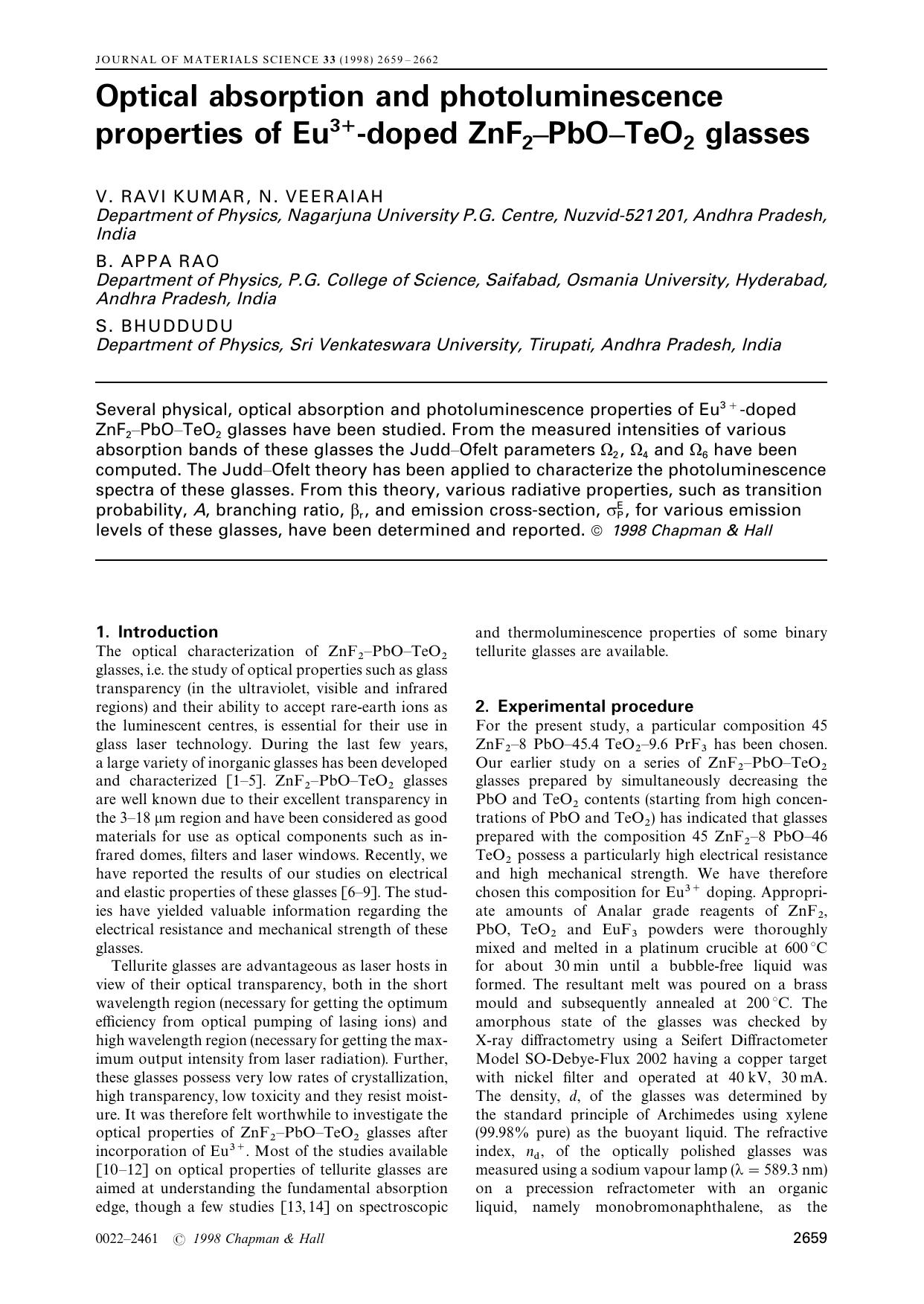 Optical absorption and photoluminescence properties of Eu3+-doped ZnF2–PbO–TeO2 glasses by Unknown