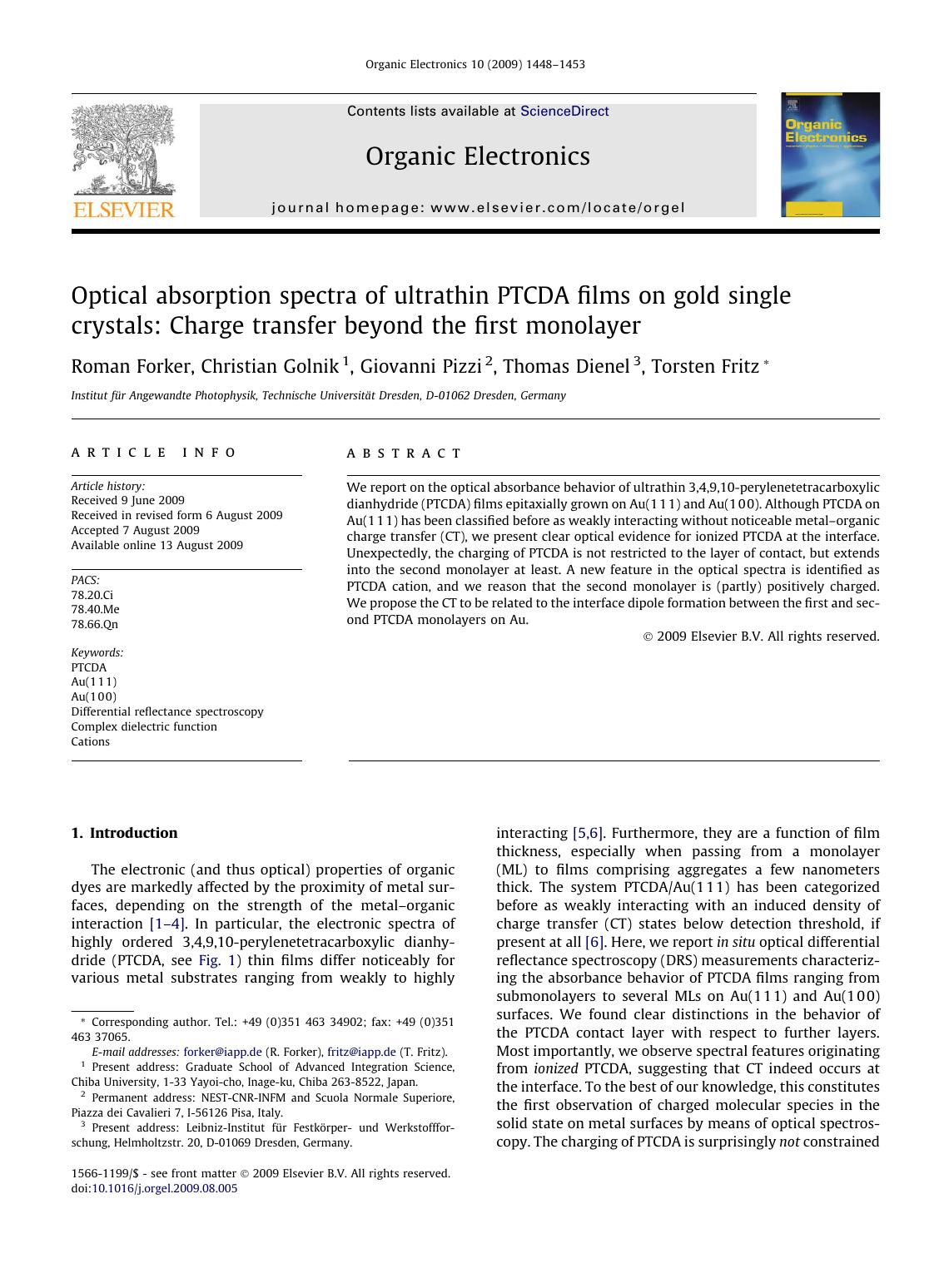 Optical absorption spectra of ultrathin PTCDA films on gold single crystals: Charge transfer beyond the first monolayer by Roman Forker; Christian Golnik; Giovanni Pizzi; Thomas Dienel; Torsten Fritz