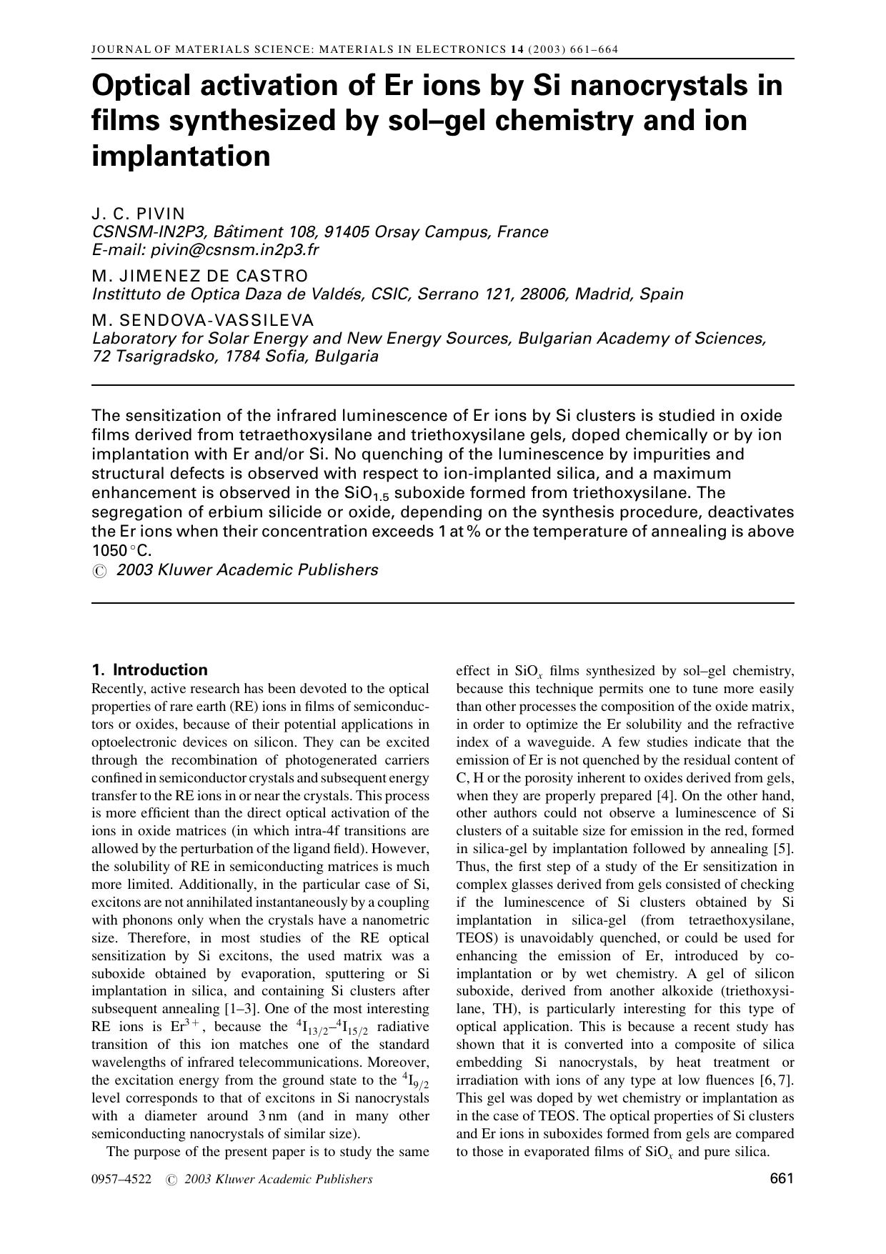 Optical activation of Er ions by Si nanocrystals in films synthesized by sol&#x2013;gel chemistry and ion implantation by Unknown