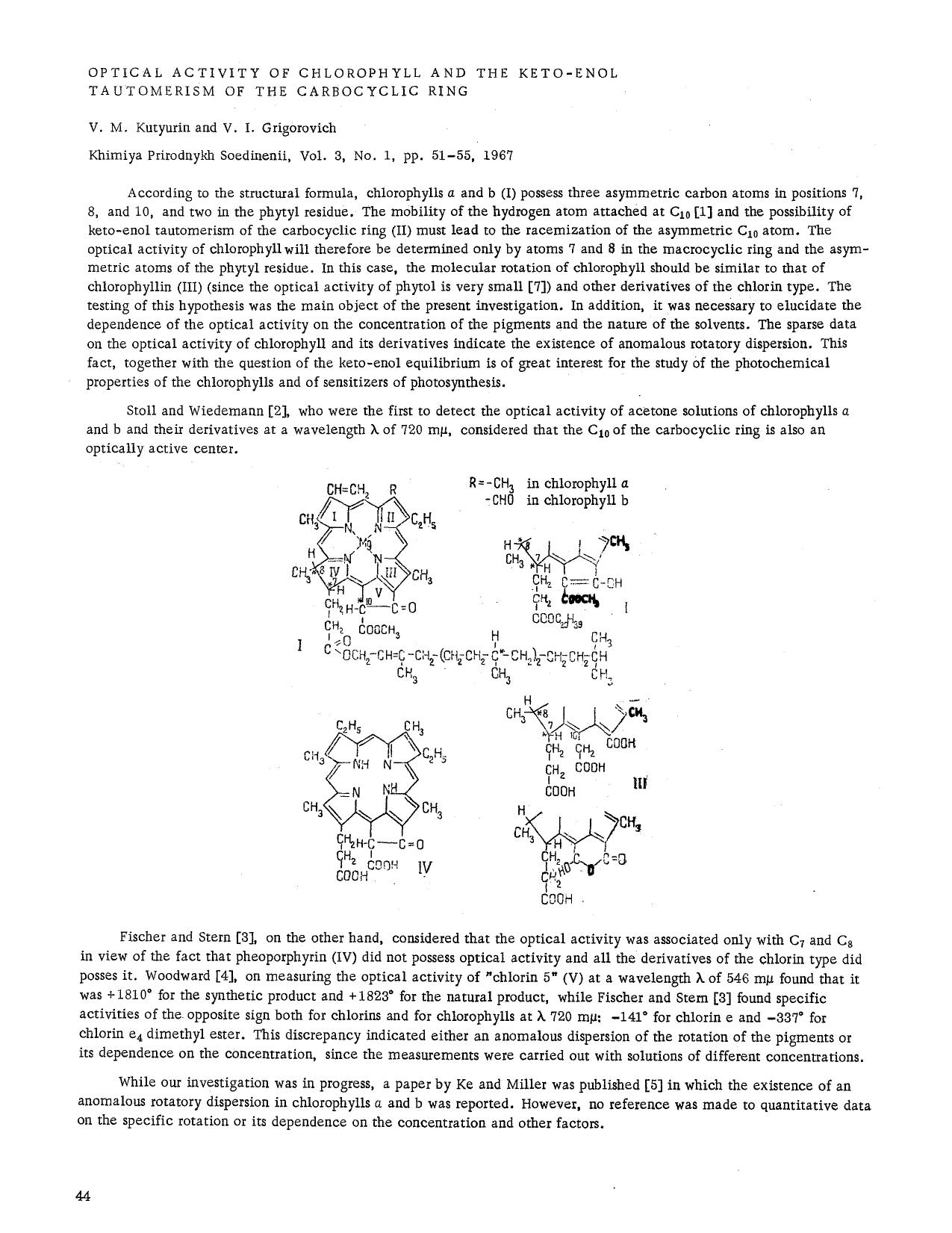 Optical activity of chlorophyll and the keto-enol tautomerism of the carbocyclic ring by Unknown