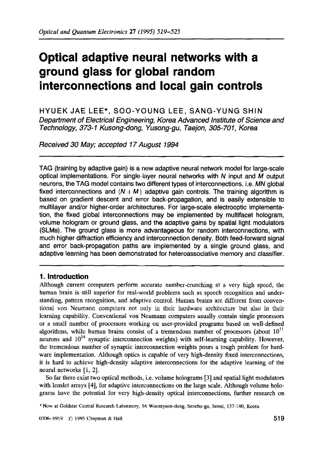 Optical adaptive neural networks with a ground glass for global random interconnections and local gain controls by Unknown