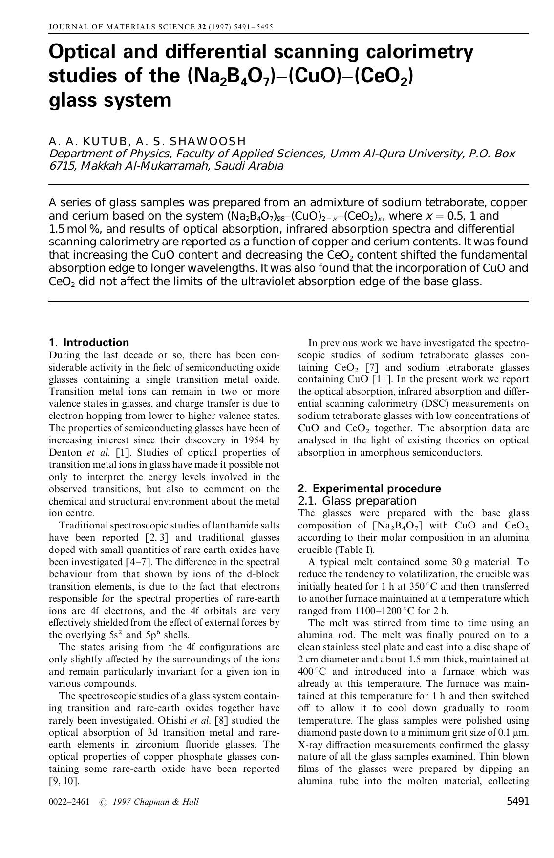 Optical and differential scanning calorimetry studies of the (Na2B4O7)–(CuO)–(CeO2) glass system by Unknown