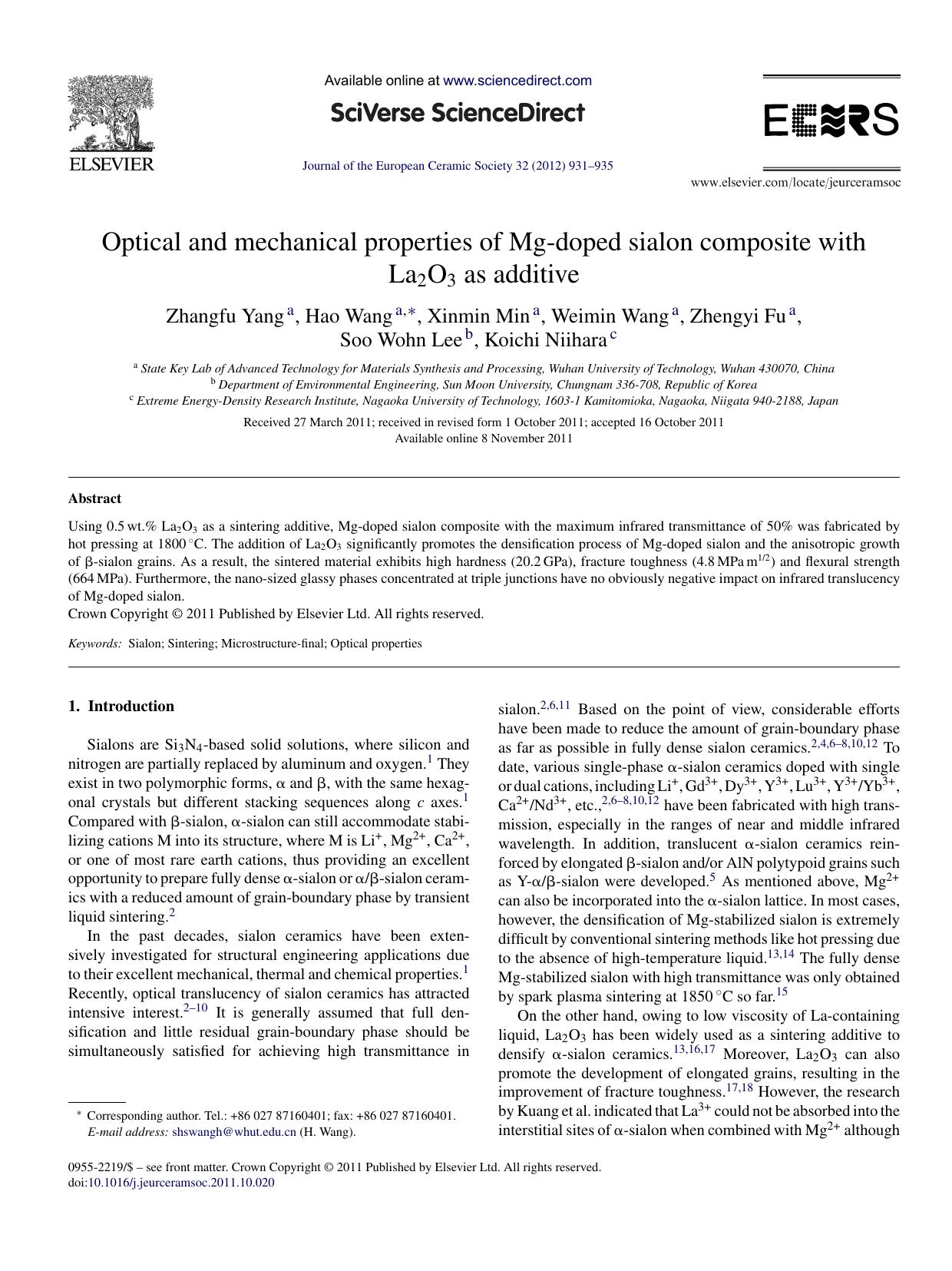 Optical and mechanical properties of Mg-doped sialon composite with La2O3 as additive by Zhangfu Yang