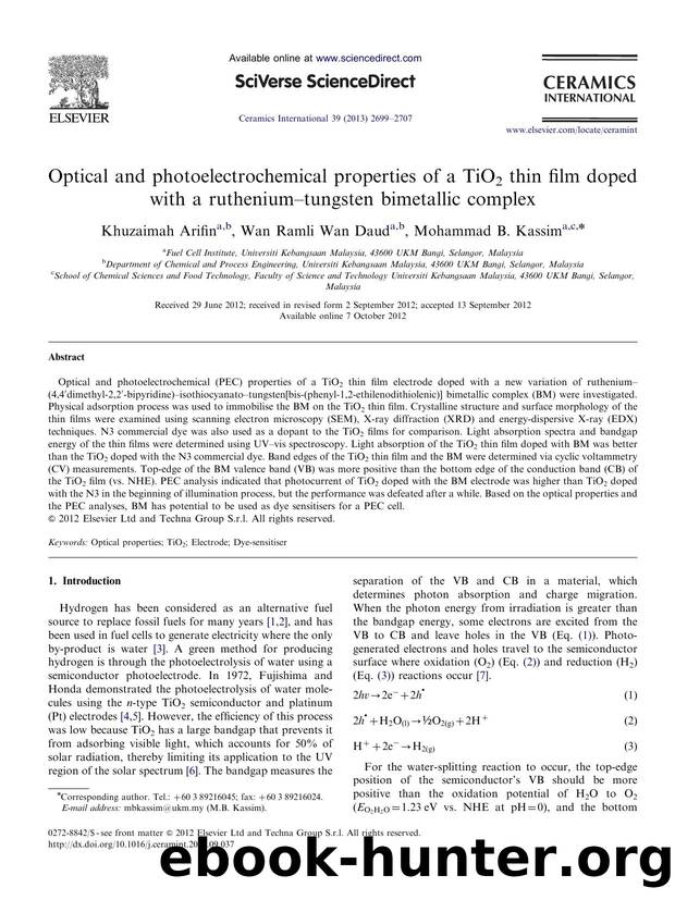 Optical and photoelectrochemical properties of a TiO2 thin film doped with a rutheniumâtungsten bimetallic complex by Khuzaimah Arifin & Wan Ramli Wan Daud & Mohammad B. Kassim