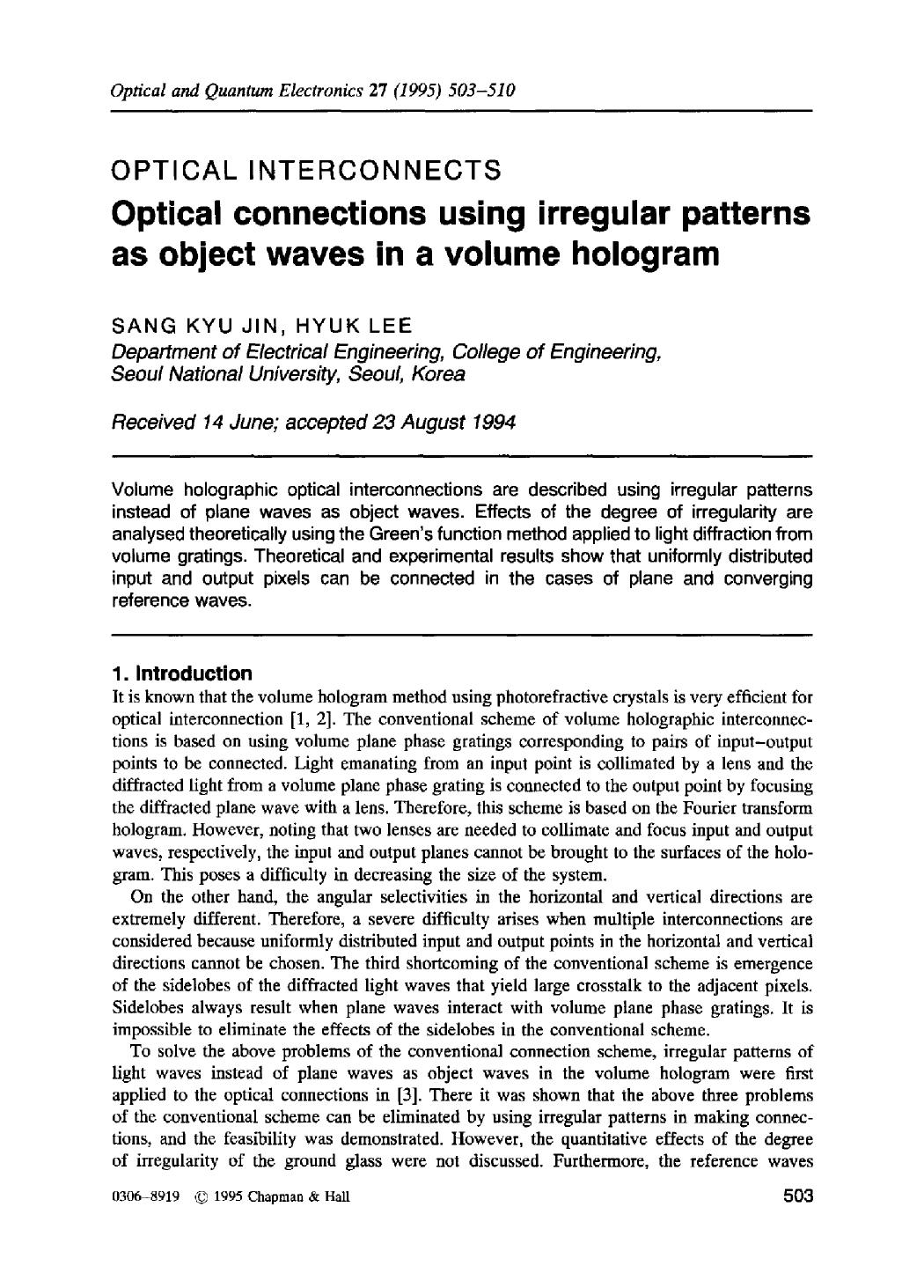 Optical connections using irregular patterns as object waves in a volume hologram by Unknown