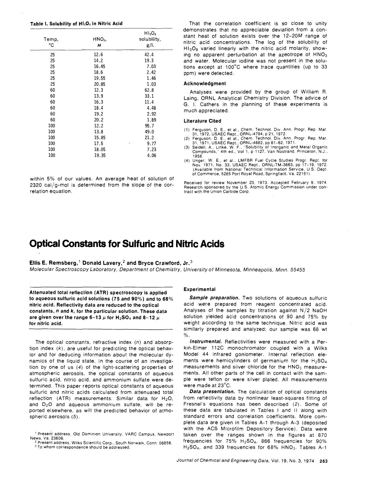 Optical constants for sulfuric and nitric acids by Ellis E. Remsberg Donald Lavery Bryce Crawford Jr