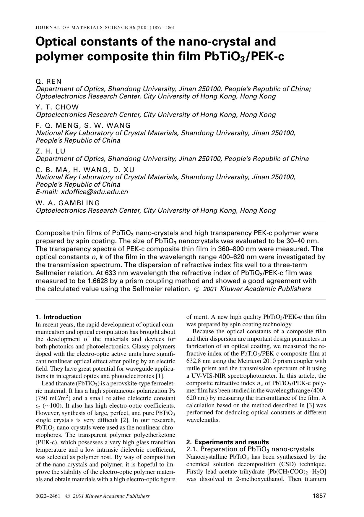 Optical constants of the nano-crystal and polymer composite thin film PbTiO3PEK-c by Unknown