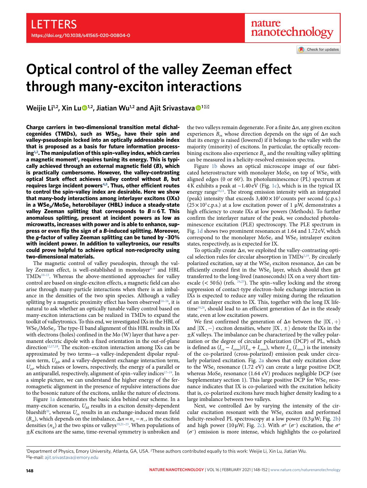 Optical control of the valley Zeeman effect through many-exciton interactions by Weijie Li & Xin Lu & Jiatian Wu & Ajit Srivastava