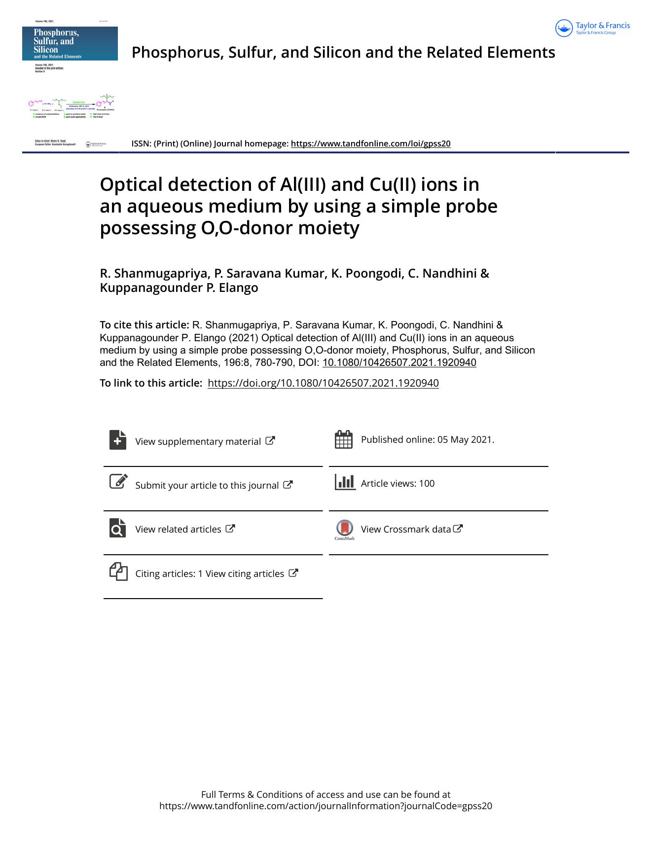 Optical detection of Al(III) and Cu(II) ions in an aqueous medium by using a simple probe possessing O,O-donor moiety by Shanmugapriya R. & Saravana Kumar P. & Poongodi K. & Nandhini C. & Elango Kuppanagounder P