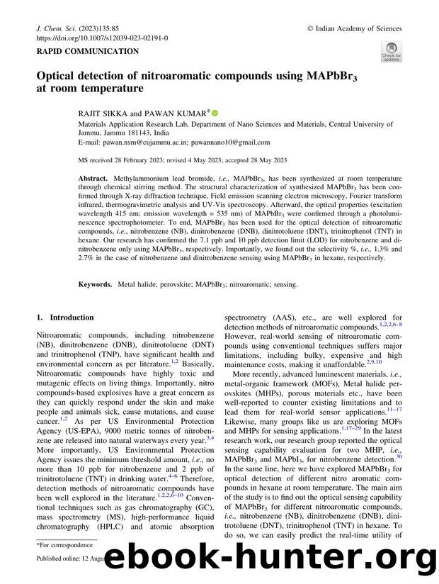 Optical detection of nitroaromatic compounds using MAPbBr3 at room temperature by Rajit Sikka & Pawan Kumar