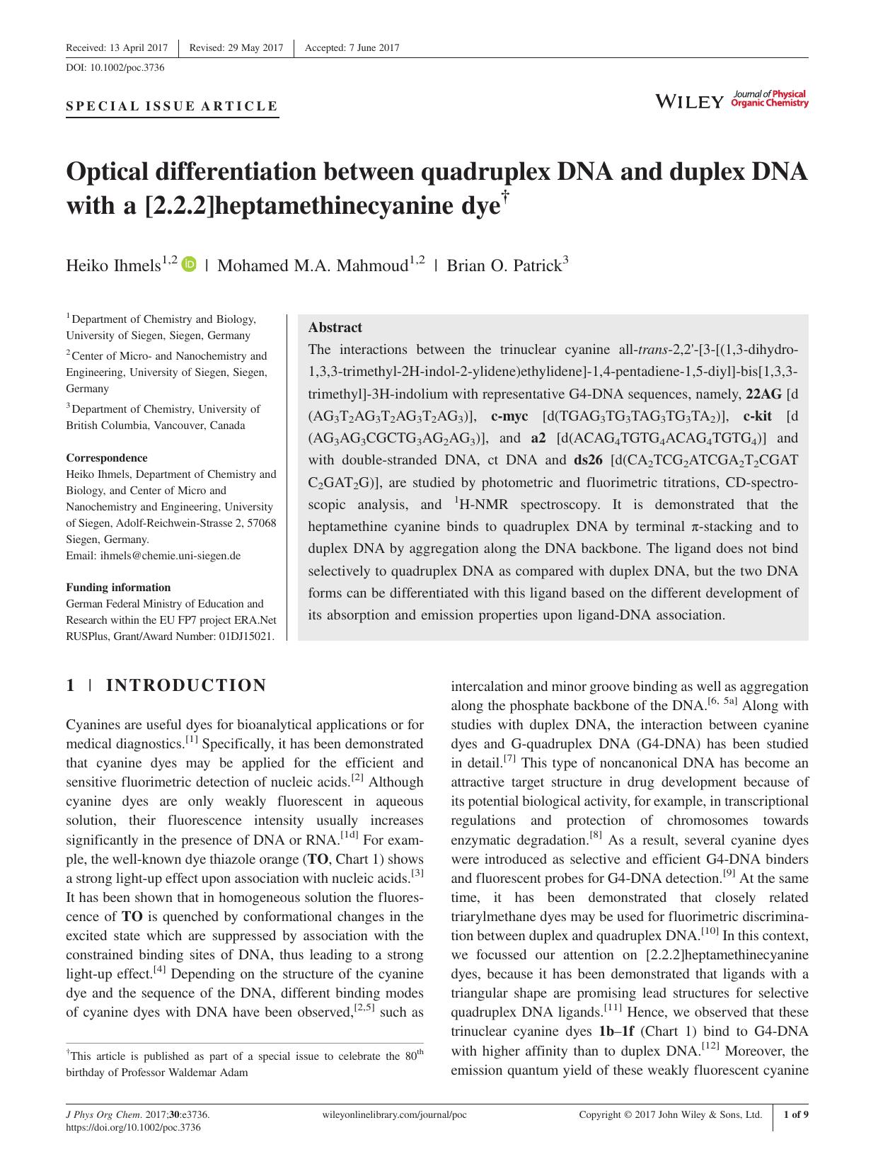 Optical differentiation between quadruplex DNA and duplex DNA with a [2.2.2]heptamethinecyanine dye by Heiko Ihmels Mohamed M.A. Mahmoud Brian O. Patrick