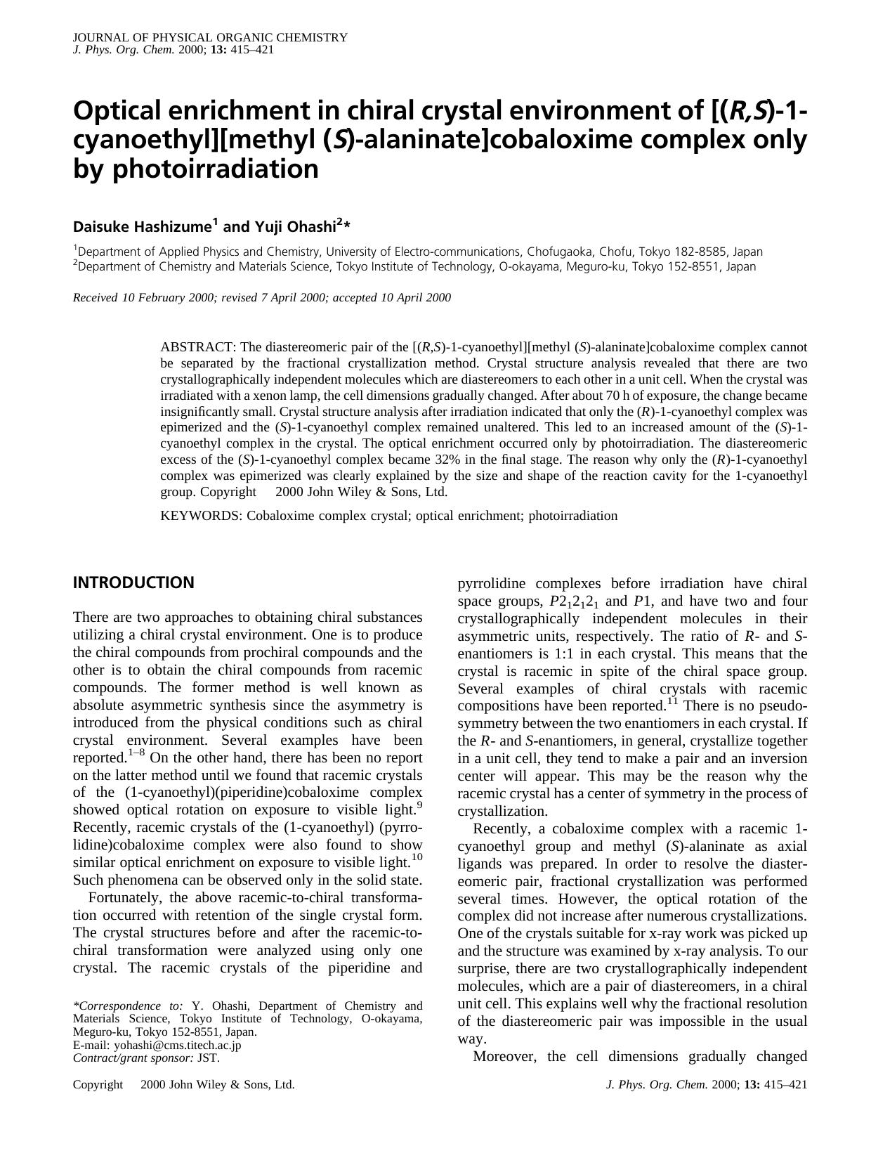 Optical enrichment in chiral crystal environment of [(R,S)-1-cyanoethyl][methyl (S)-alaninate]cobaloxime complex only by photoirradiation by Unknown