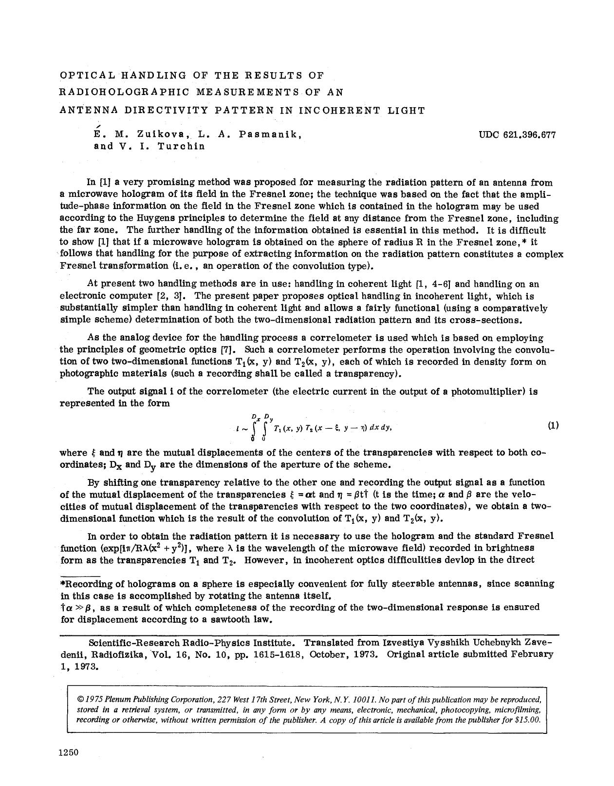 Optical handling of the results of radioholographic measurements of an antenna directivity pattern in incoherent light by Unknown