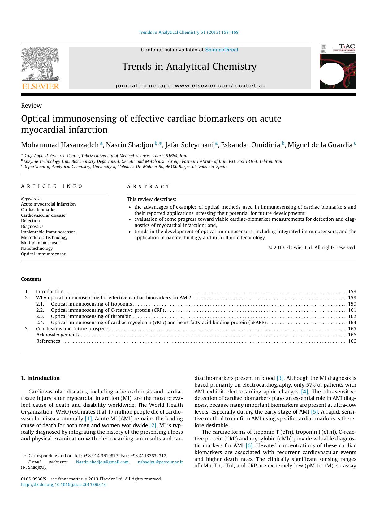 Optical immunosensing of effective cardiac biomarkers on acute myocardial infarction by Mohammad Hasanzadeh & Nasrin Shadjou & Jafar Soleymani & Eskandar Omidinia & Miguel de la Guardia