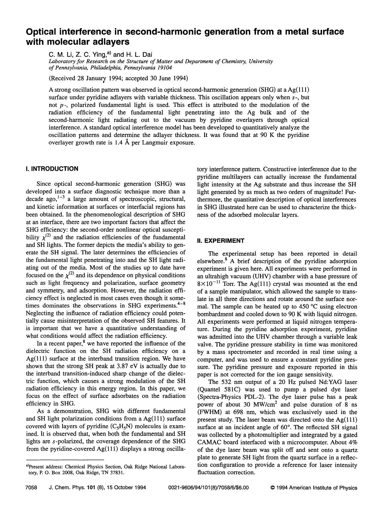 Optical interference in second-harmonic generation from a metal surface with molecular adlayers by C. M. Li; Z. C. Ying; H. L. Dai