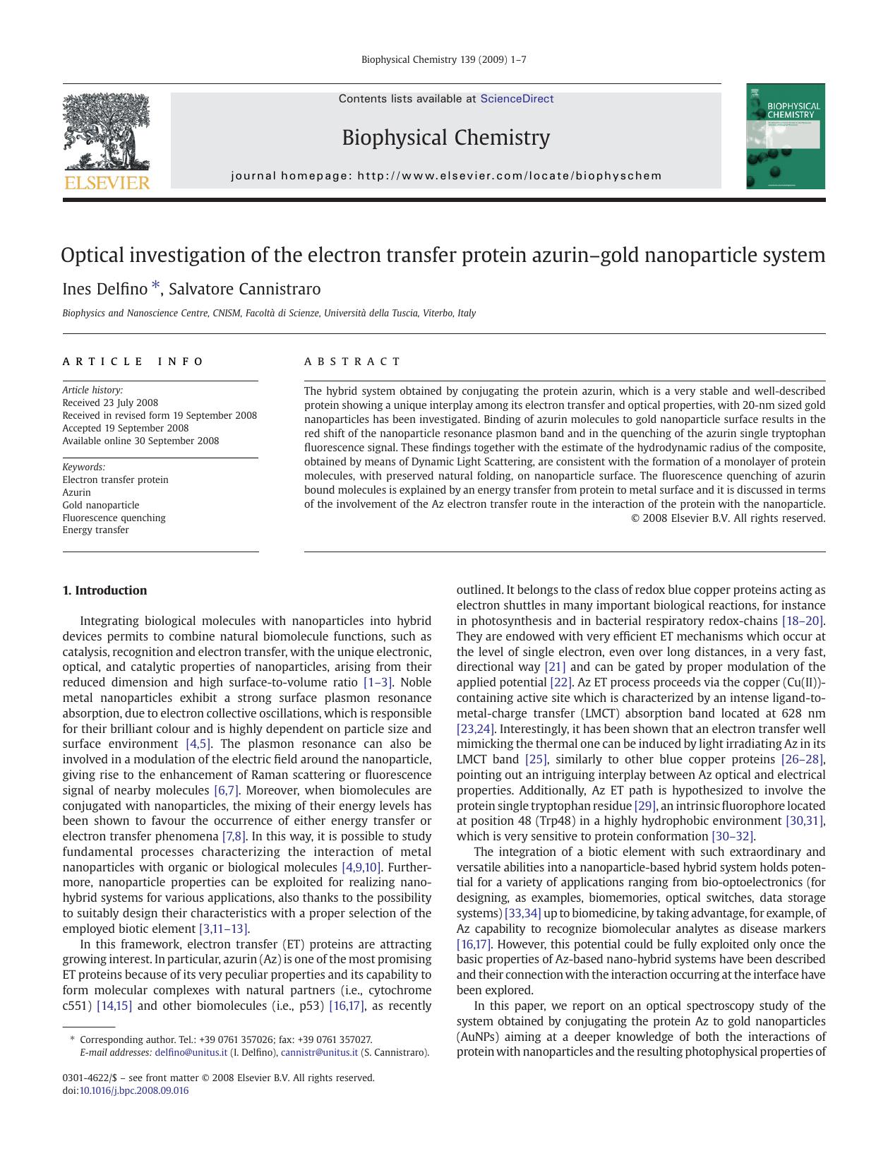 Optical investigation of the electron transfer protein azurinâgold nanoparticle system by Ines Delfino; Salvatore Cannistraro