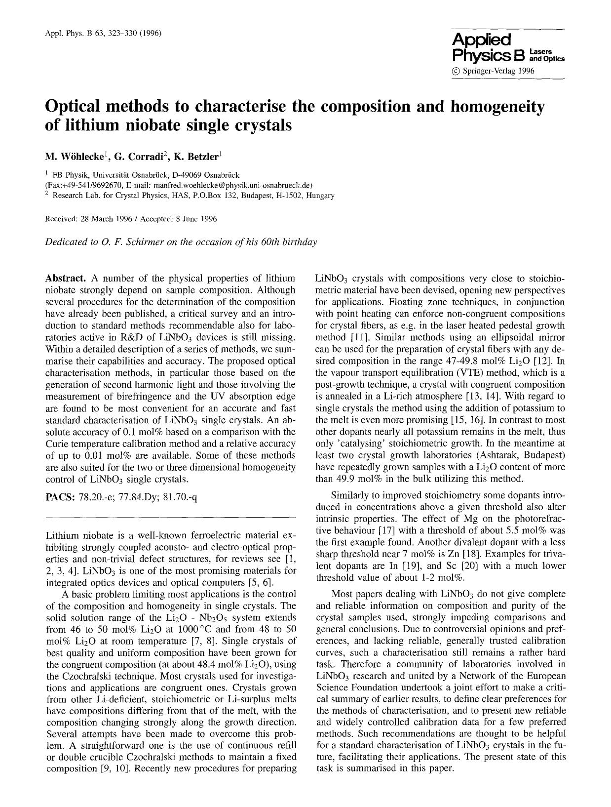 Optical methods to characterise the composition and homogeneity of lithium niobate single crystals by Unknown