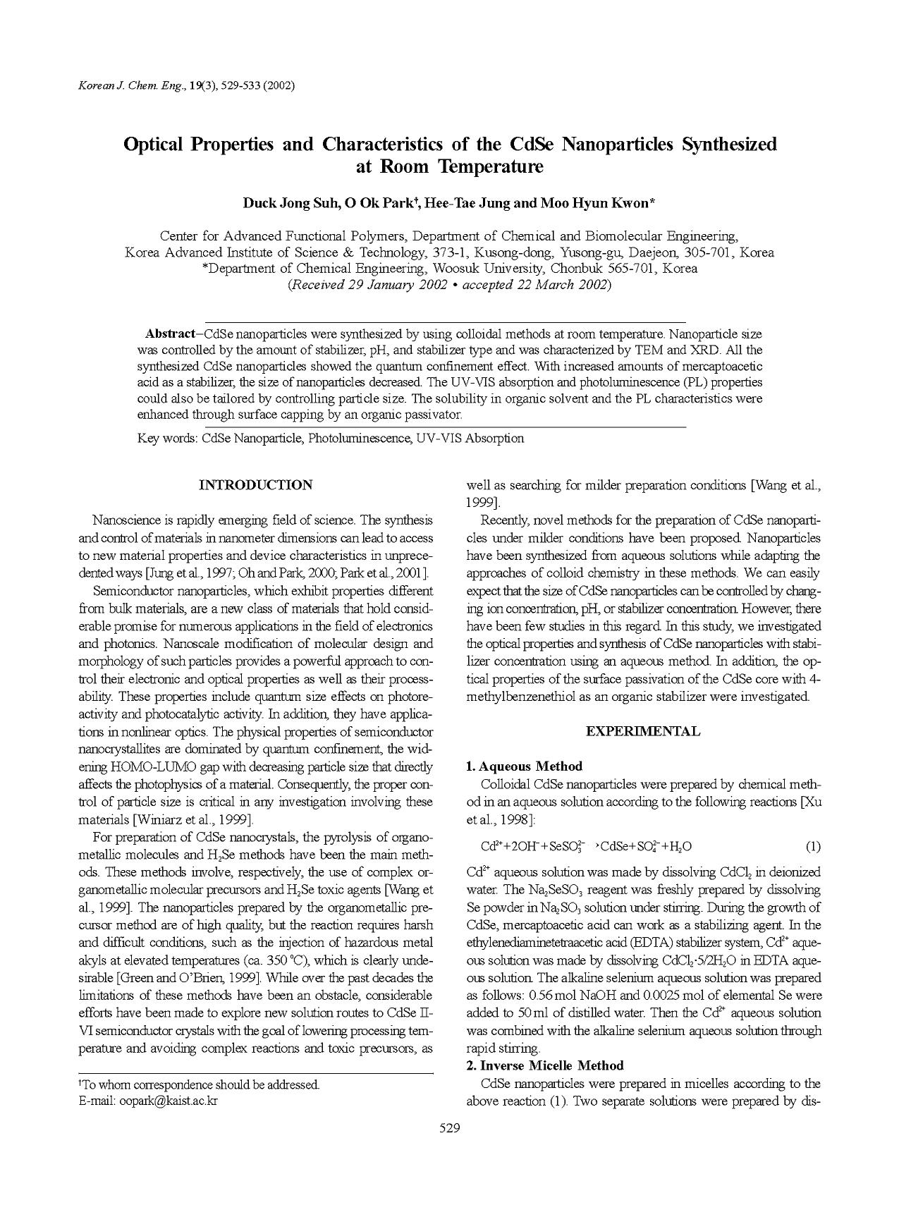 Optical properties and characteristics of the cdse nanoparticles synthesized at room temperature by Unknown